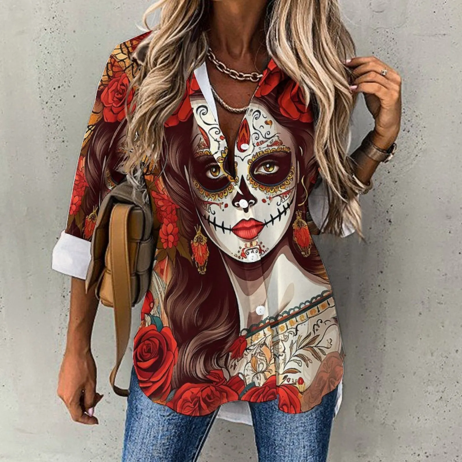 Day of the Dead Sugar Skull Flower Crown Blouse, Witchy Skull Halloween Button up Shirt