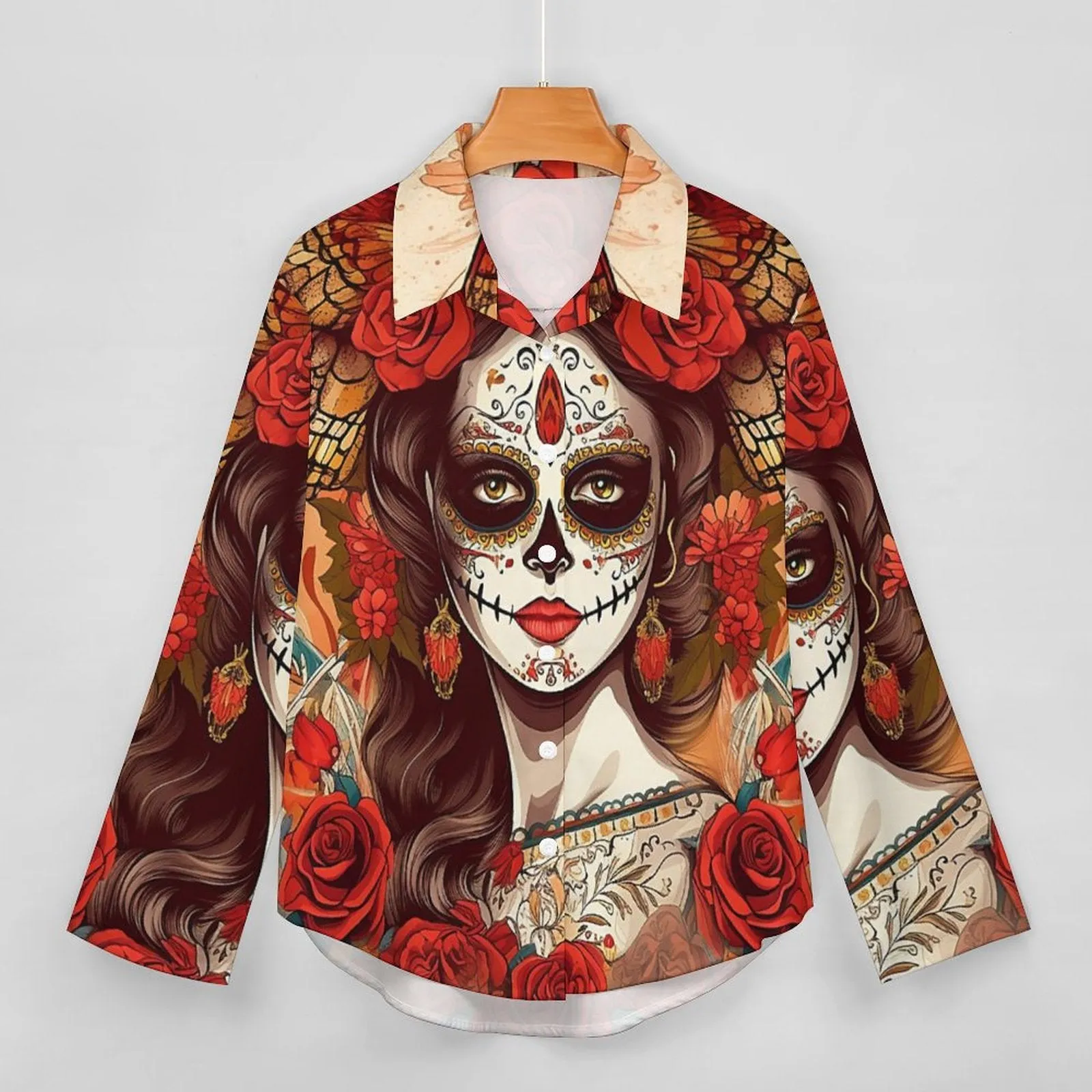 Day of the Dead Sugar Skull Flower Crown Blouse, Witchy Skull Halloween Button up Shirt