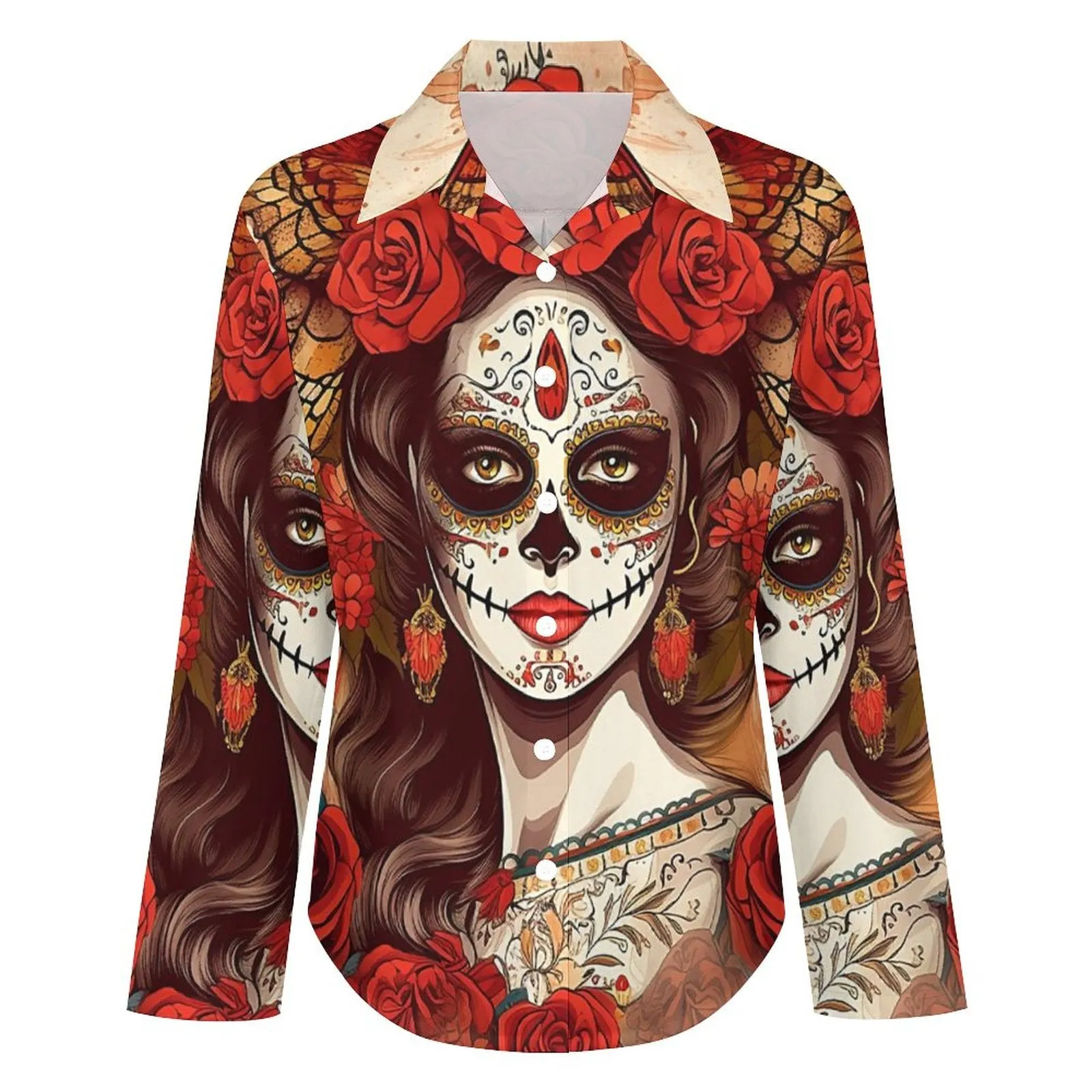 Day of the Dead Sugar Skull Flower Crown Blouse, Witchy Skull Halloween Button up Shirt