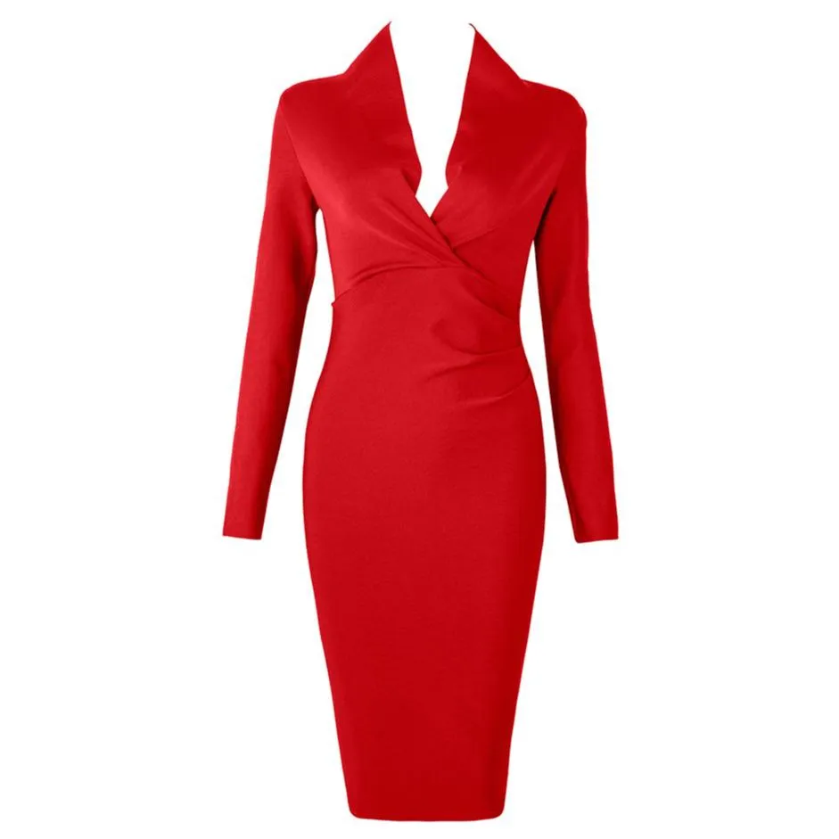 Deep V Neck Bandage Full Sleeves Dress