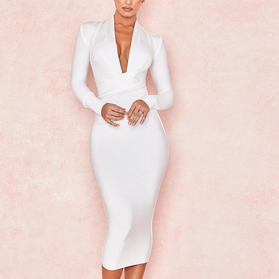 Deep V Neck Bandage Full Sleeves Dress