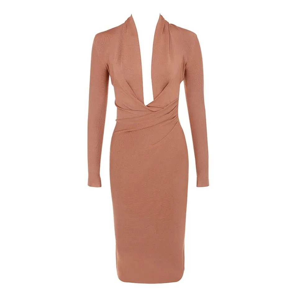Deep V Neck Bandage Full Sleeves Dress