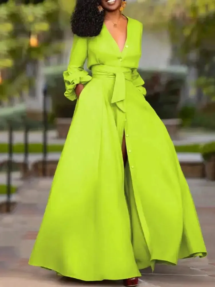 Deep V-Neck Puff Sleeve Buttoned Dress