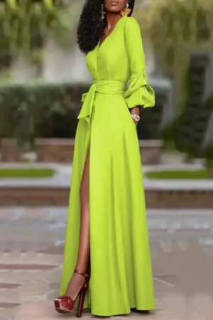 Deep V-Neck Puff Sleeve Buttoned Dress