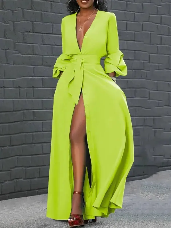 Deep V-Neck Puff Sleeve Buttoned Dress