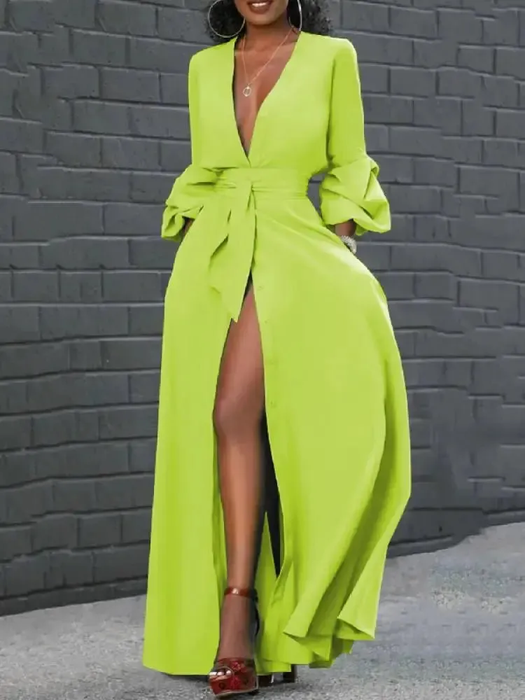Deep V-Neck Puff Sleeve Buttoned Dress