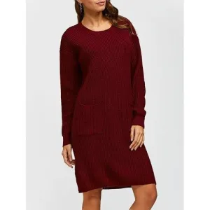 Double Pockets Pullover Sweater Dress - Wine Red L