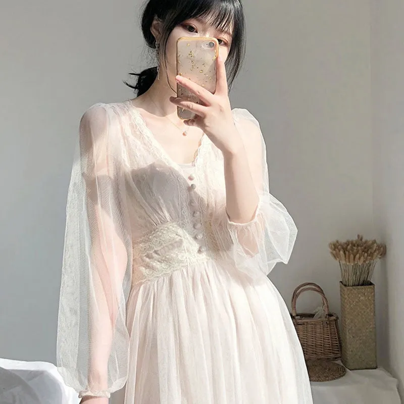 Dress Women 2023 Spring Wedding Midi Dresses Elegant A-Line Vestidos Solid Puff Sleeve V-Neck Ladies Lace Dress Mesh 8126 50