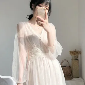 Dress Women 2023 Spring Wedding Midi Dresses Elegant A-Line Vestidos Solid Puff Sleeve V-Neck Ladies Lace Dress Mesh 8126 50