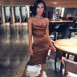 Dulzura Neon Satin Lace Backless Bodycon Elegant Sexy Party Club Long Midi Dress