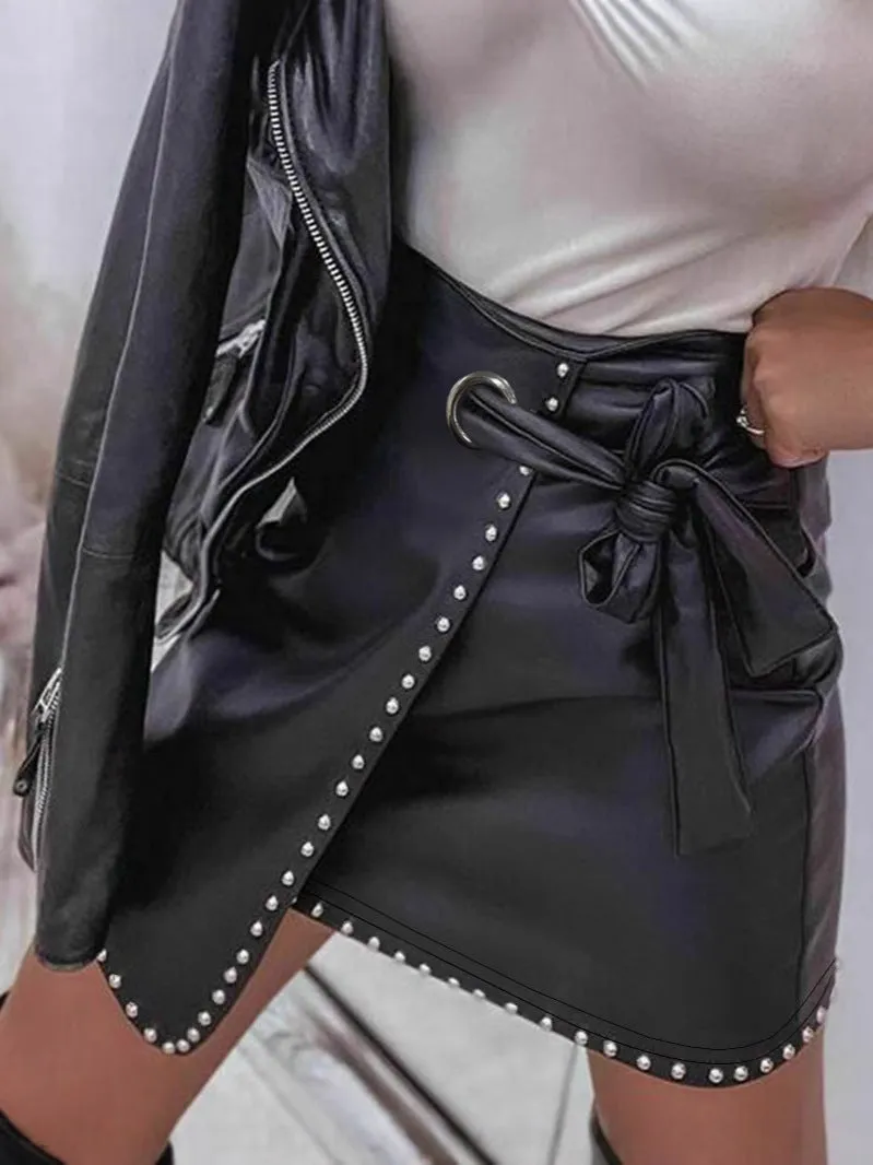 Edgy Chic Faux Leather Wrap Skirt with Belt and Stud Details