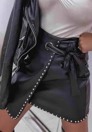 Edgy Chic Faux Leather Wrap Skirt with Belt and Stud Details