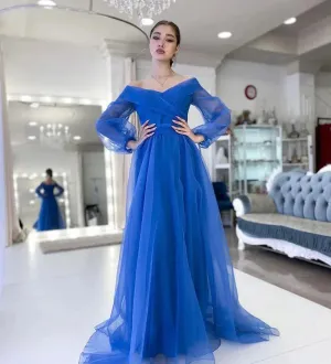 Elegant Blue A-Line Tulle Evening Dresses Off The Shoulder Puff Sleeves Prom Dress Formal Occasion Dress Party Gown