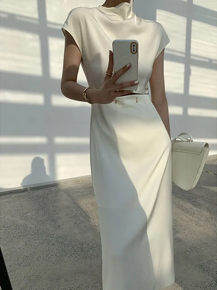 Elegant Cream/Light Beige Midi Dress Short Sleeve High Waist Cut Out