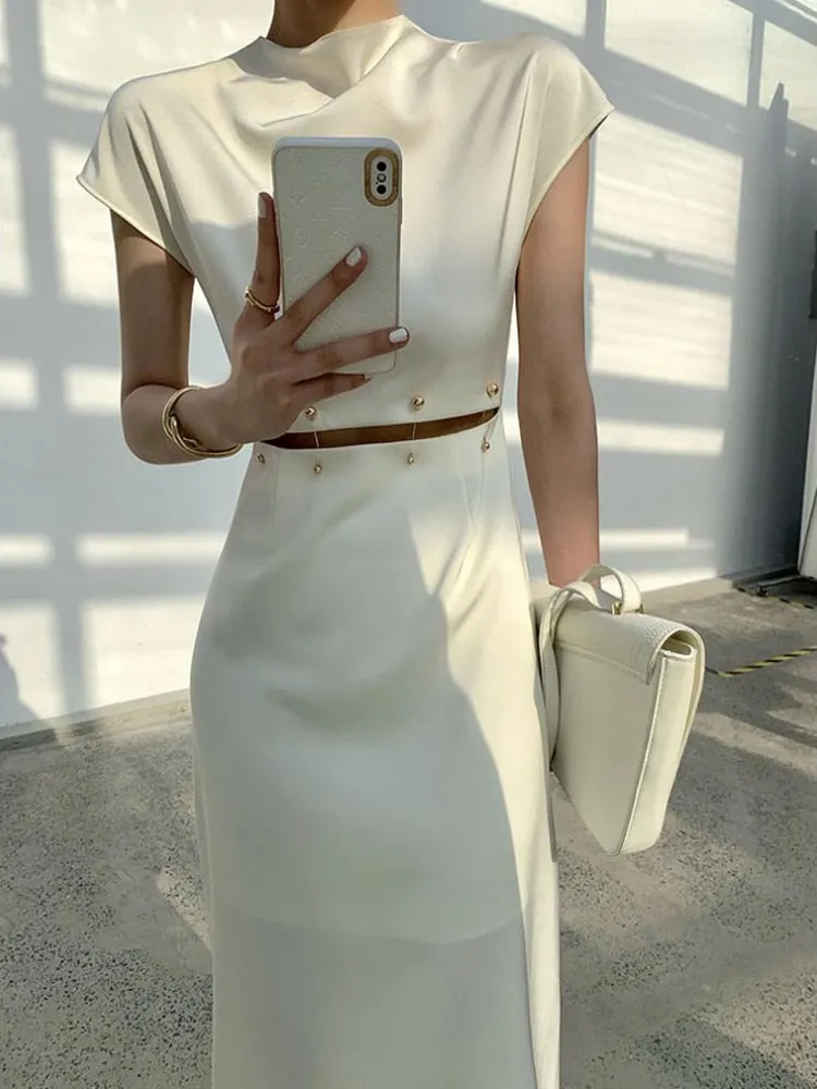 Elegant Cream/Light Beige Midi Dress Short Sleeve High Waist Cut Out