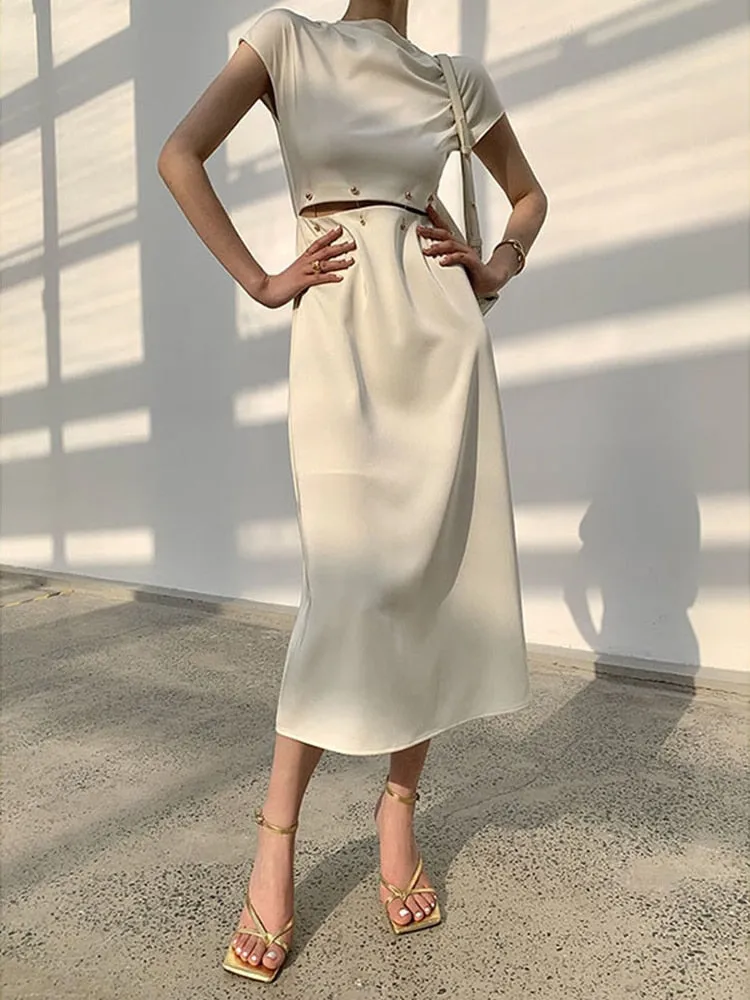 Elegant Cream/Light Beige Midi Dress Short Sleeve High Waist Cut Out