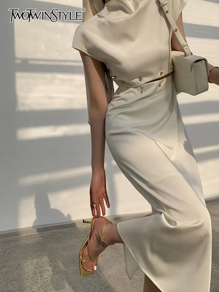 Elegant Cream/Light Beige Midi Dress Short Sleeve High Waist Cut Out