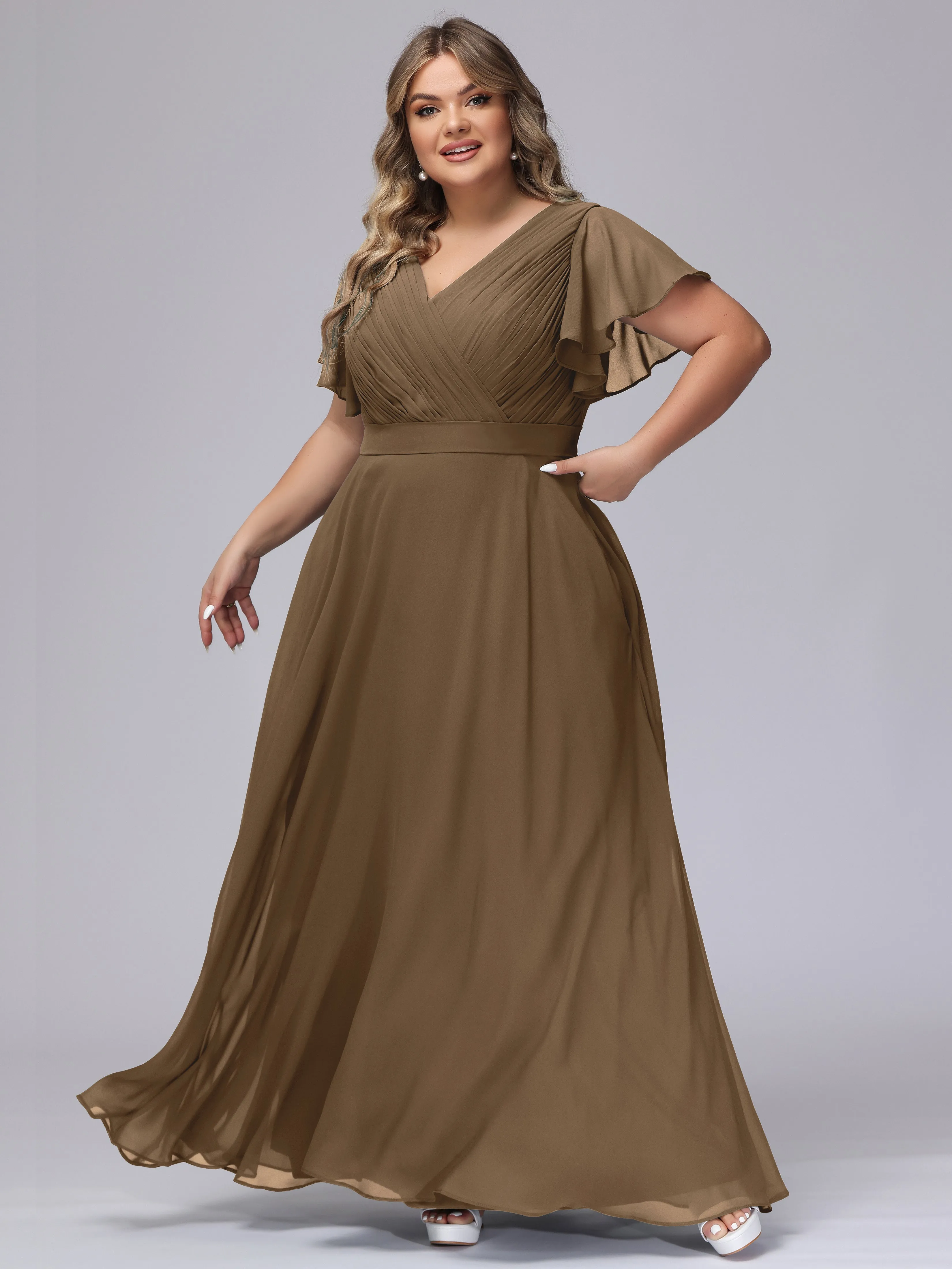 Elegant V-neck Ruffle Sleeves Empire Plus Size Bridesmaid Dress