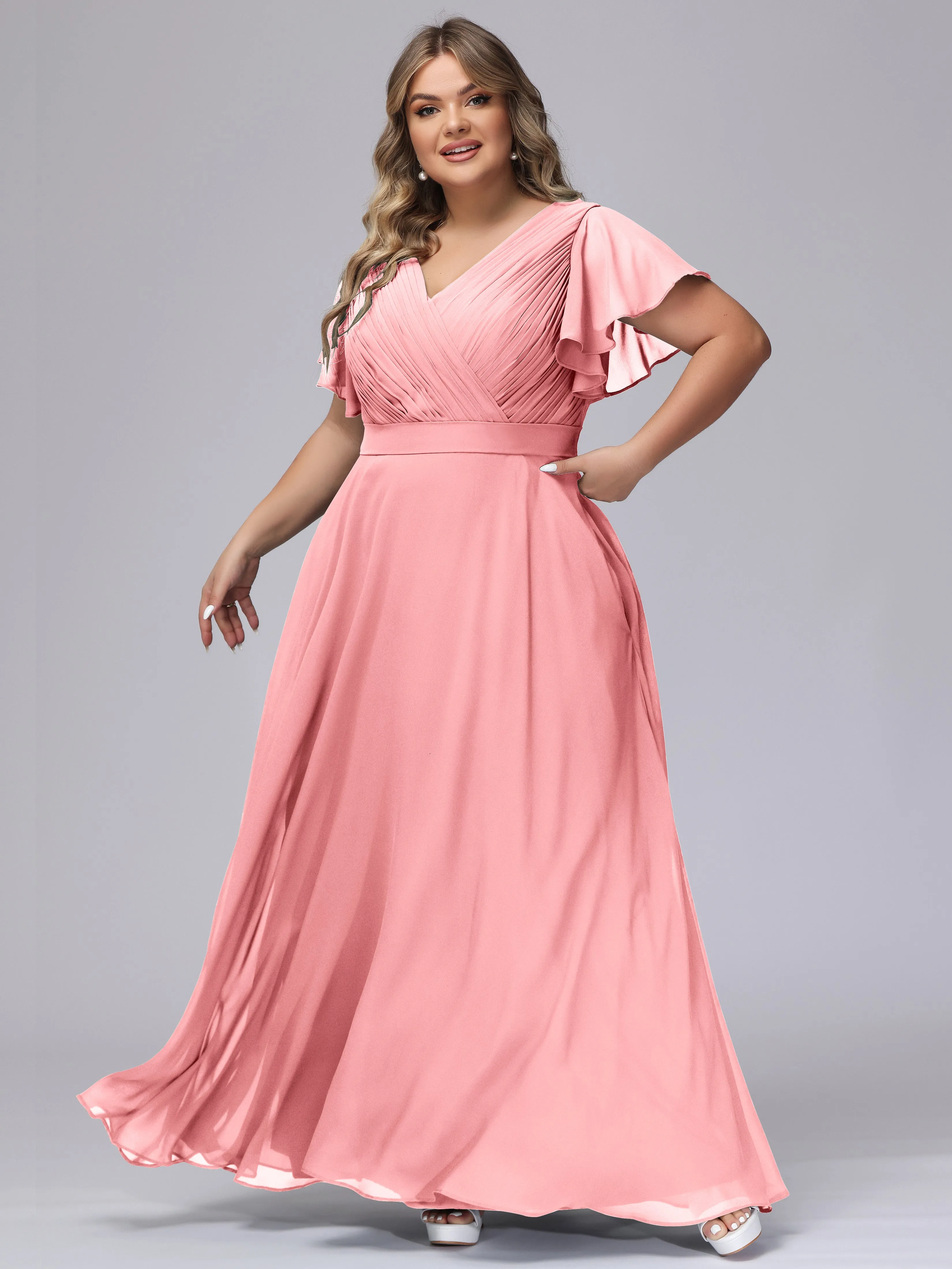 Elegant V-neck Ruffle Sleeves Empire Plus Size Bridesmaid Dress