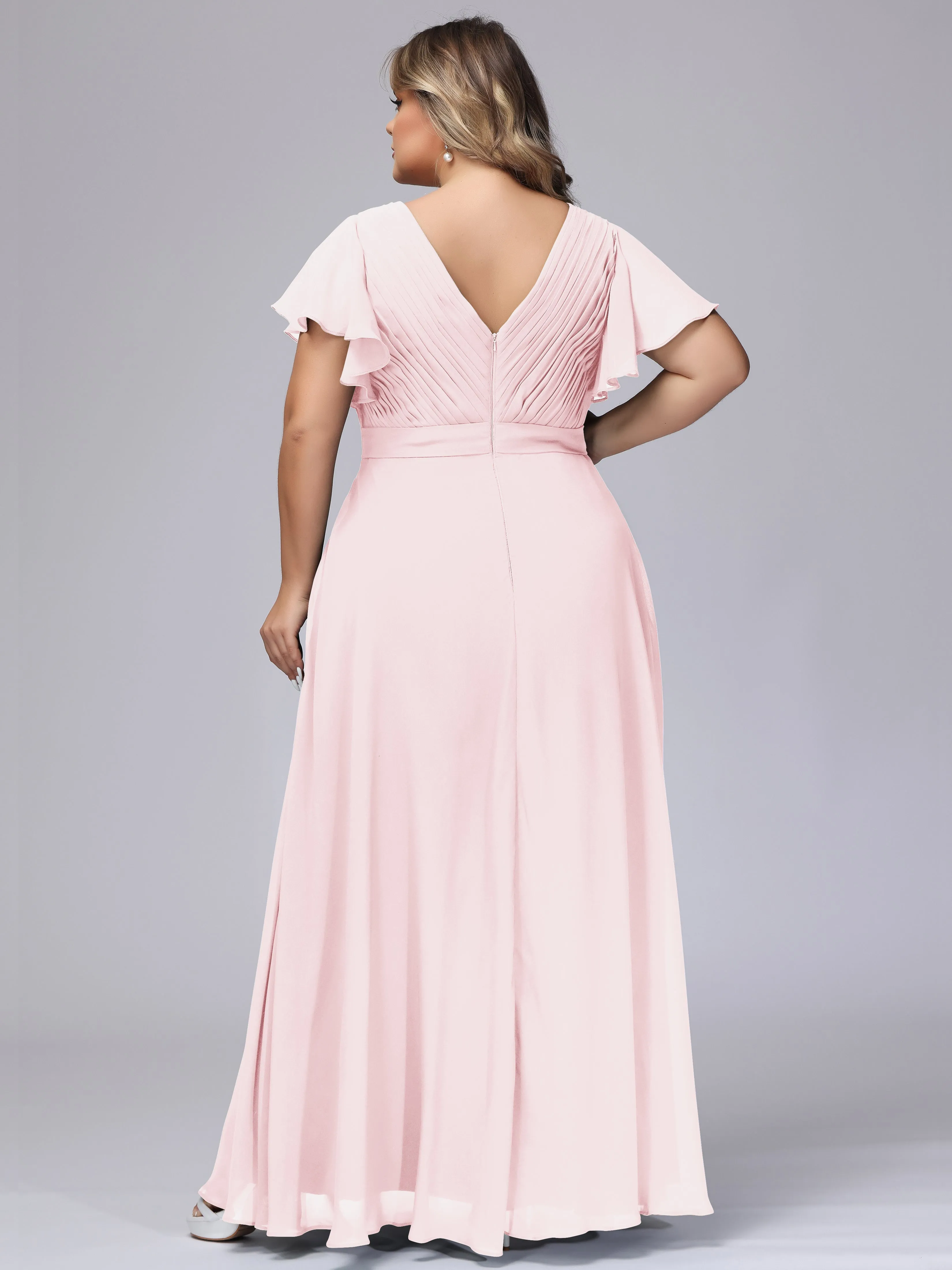 Elegant V-neck Ruffle Sleeves Empire Plus Size Bridesmaid Dress