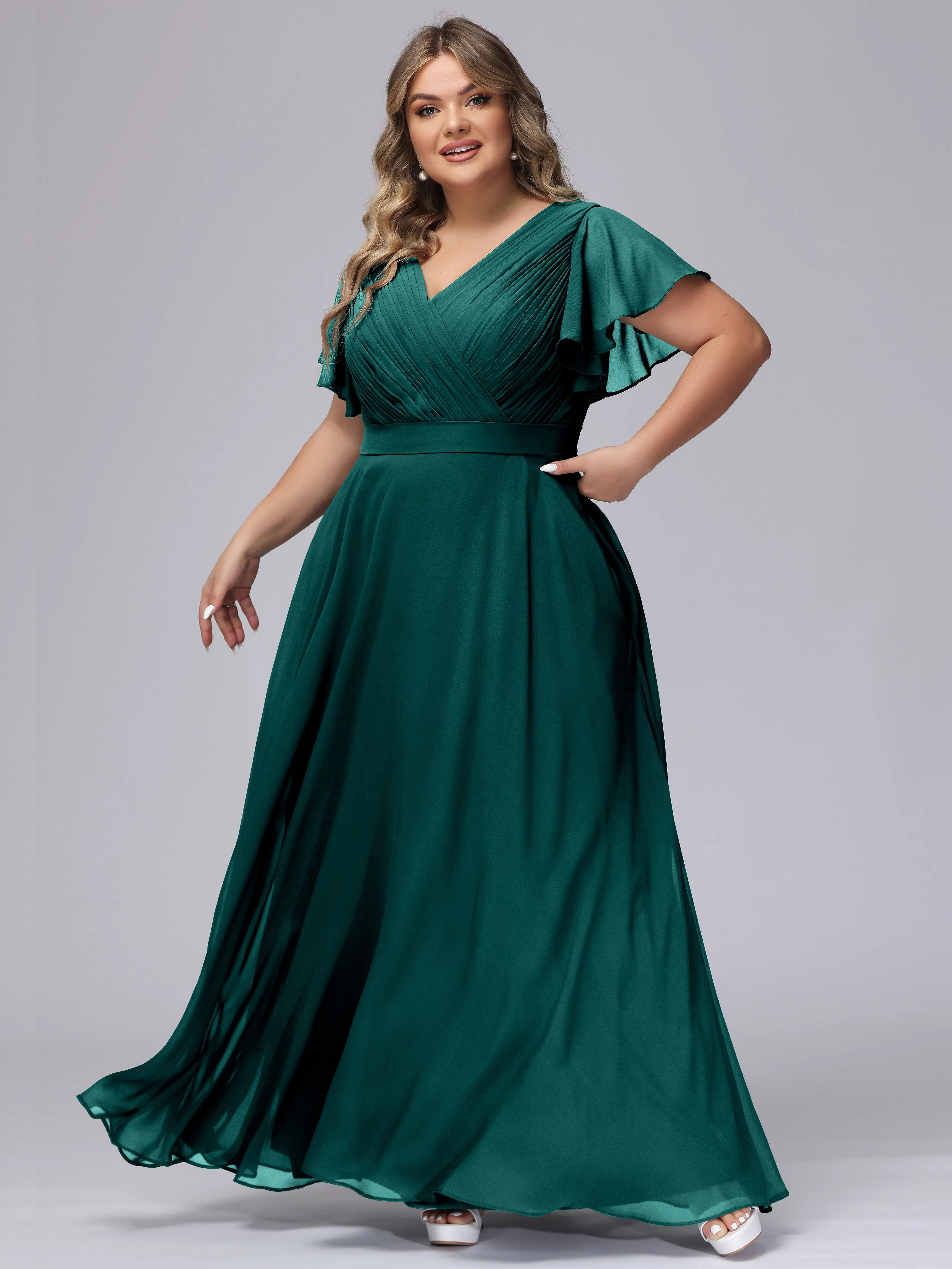 Elegant V-neck Ruffle Sleeves Empire Plus Size Bridesmaid Dress