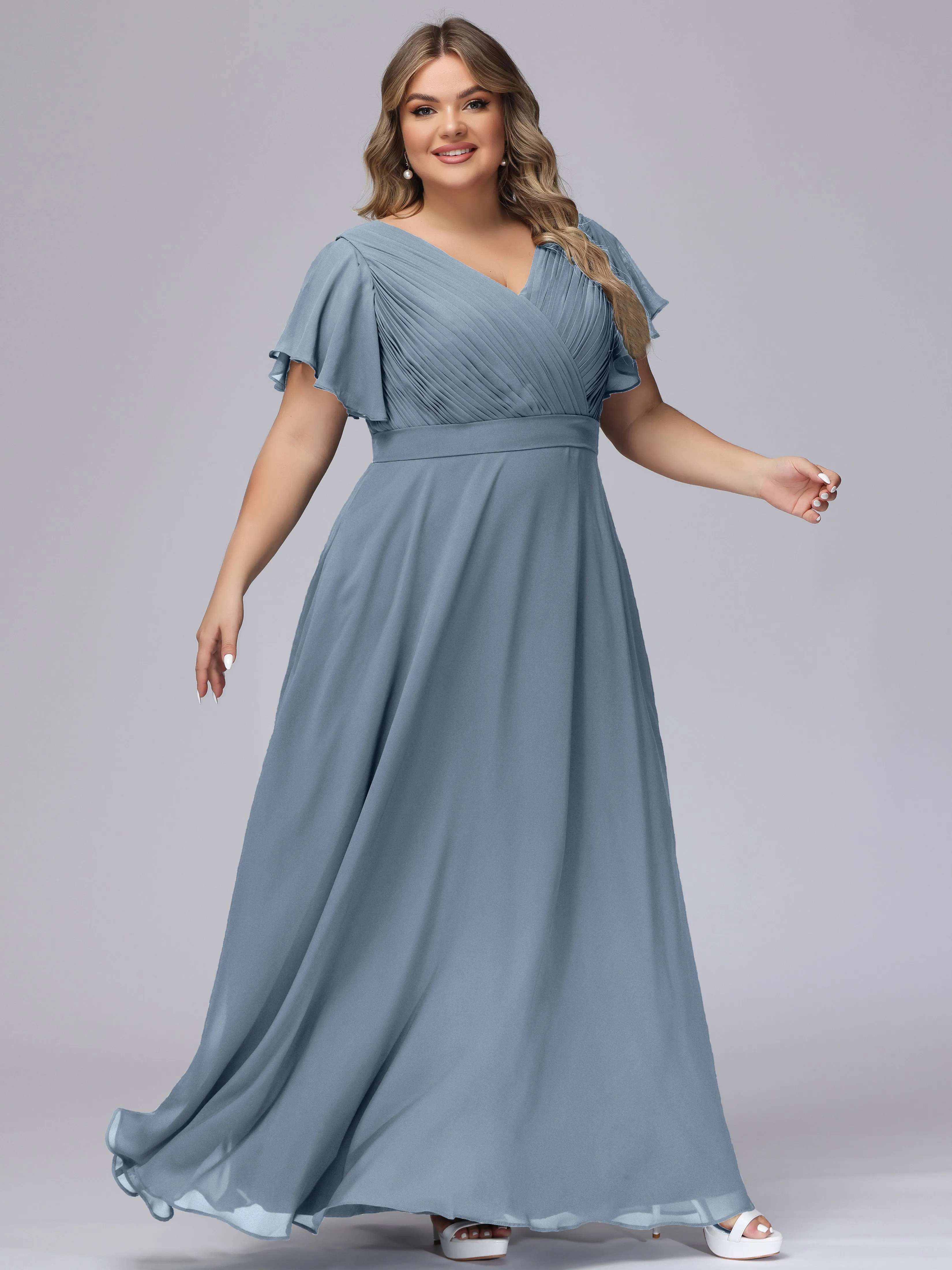 Elegant V-neck Ruffle Sleeves Empire Plus Size Bridesmaid Dress