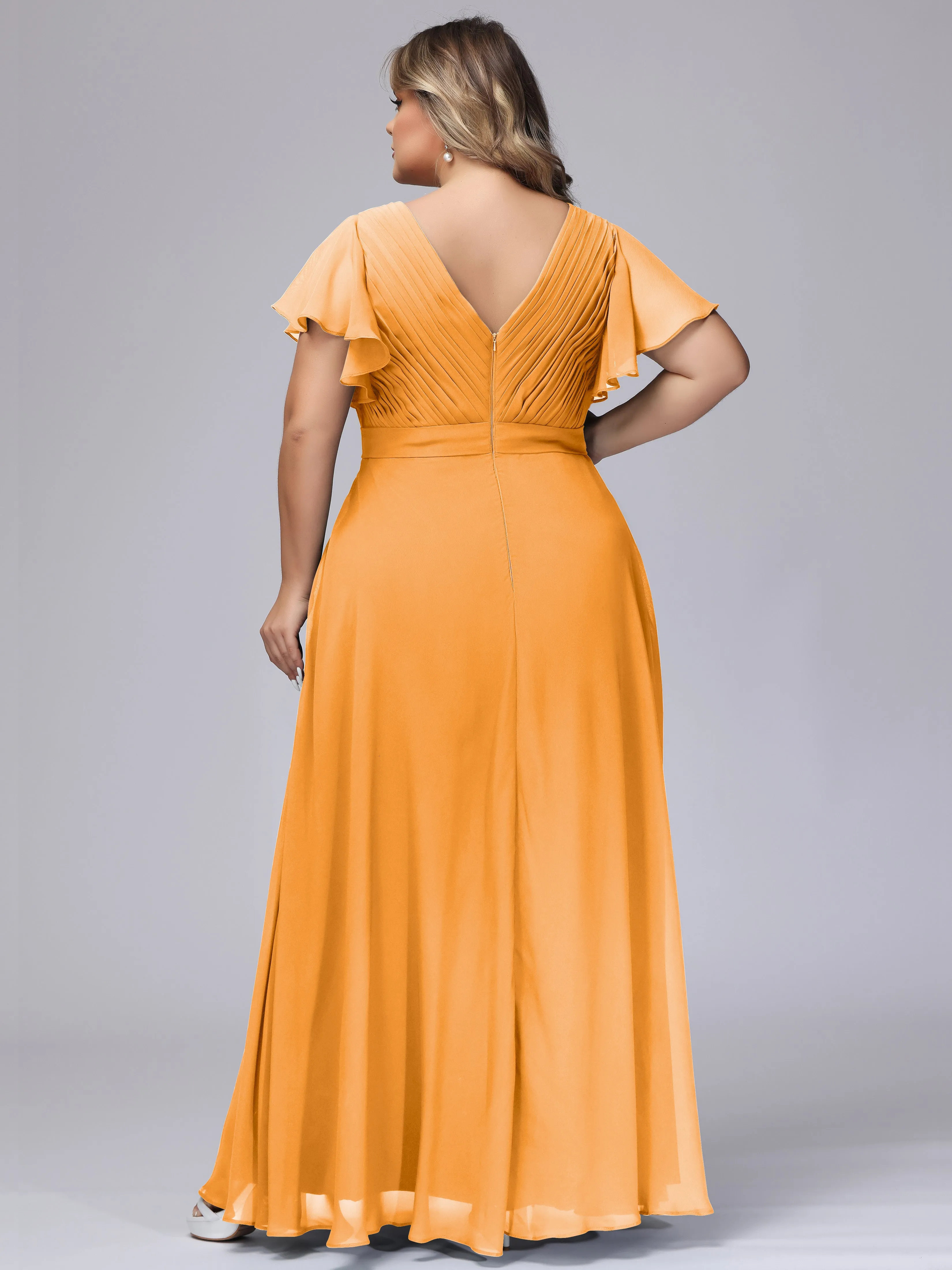 Elegant V-neck Ruffle Sleeves Empire Plus Size Bridesmaid Dress