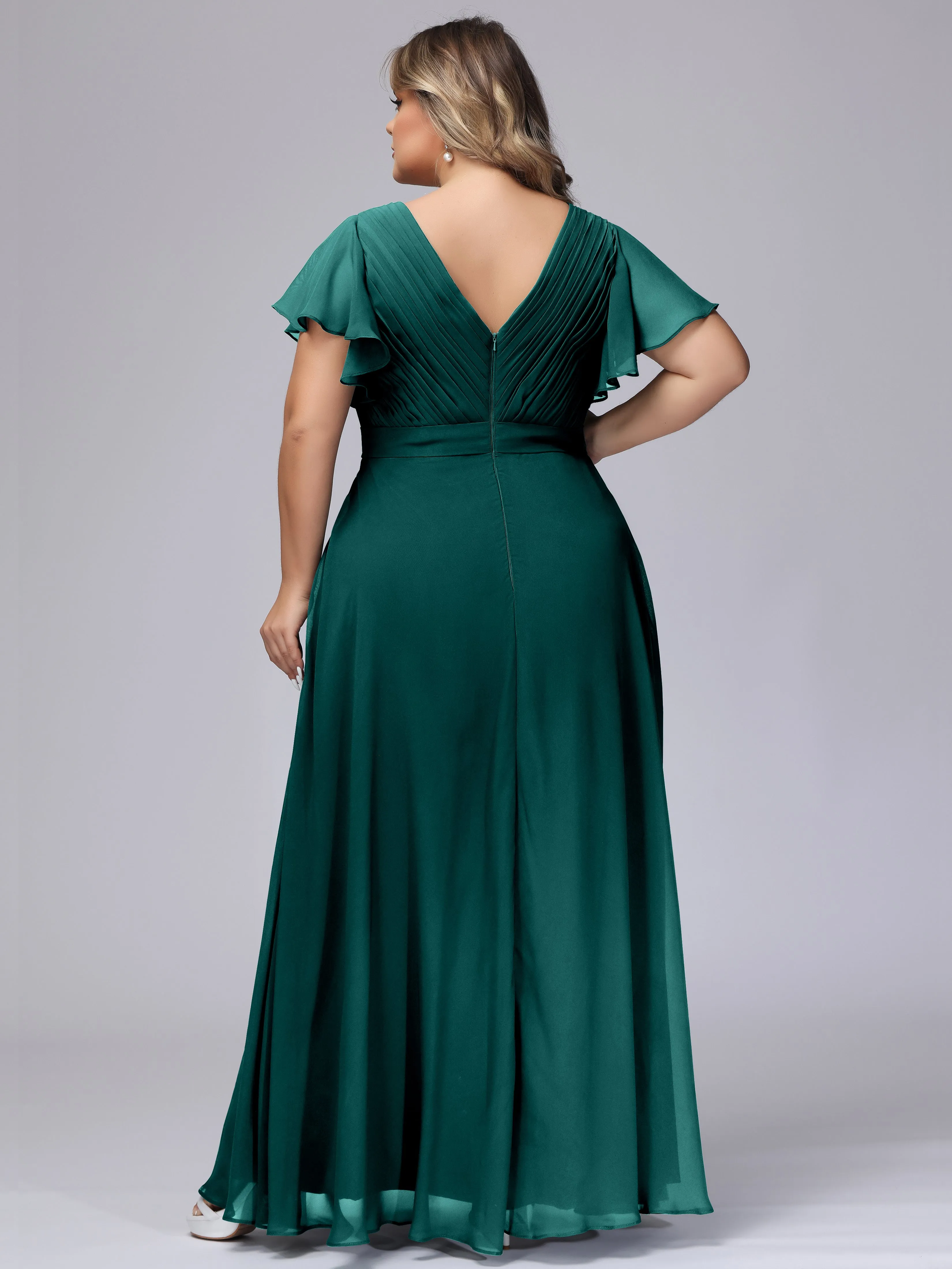Elegant V-neck Ruffle Sleeves Empire Plus Size Bridesmaid Dress