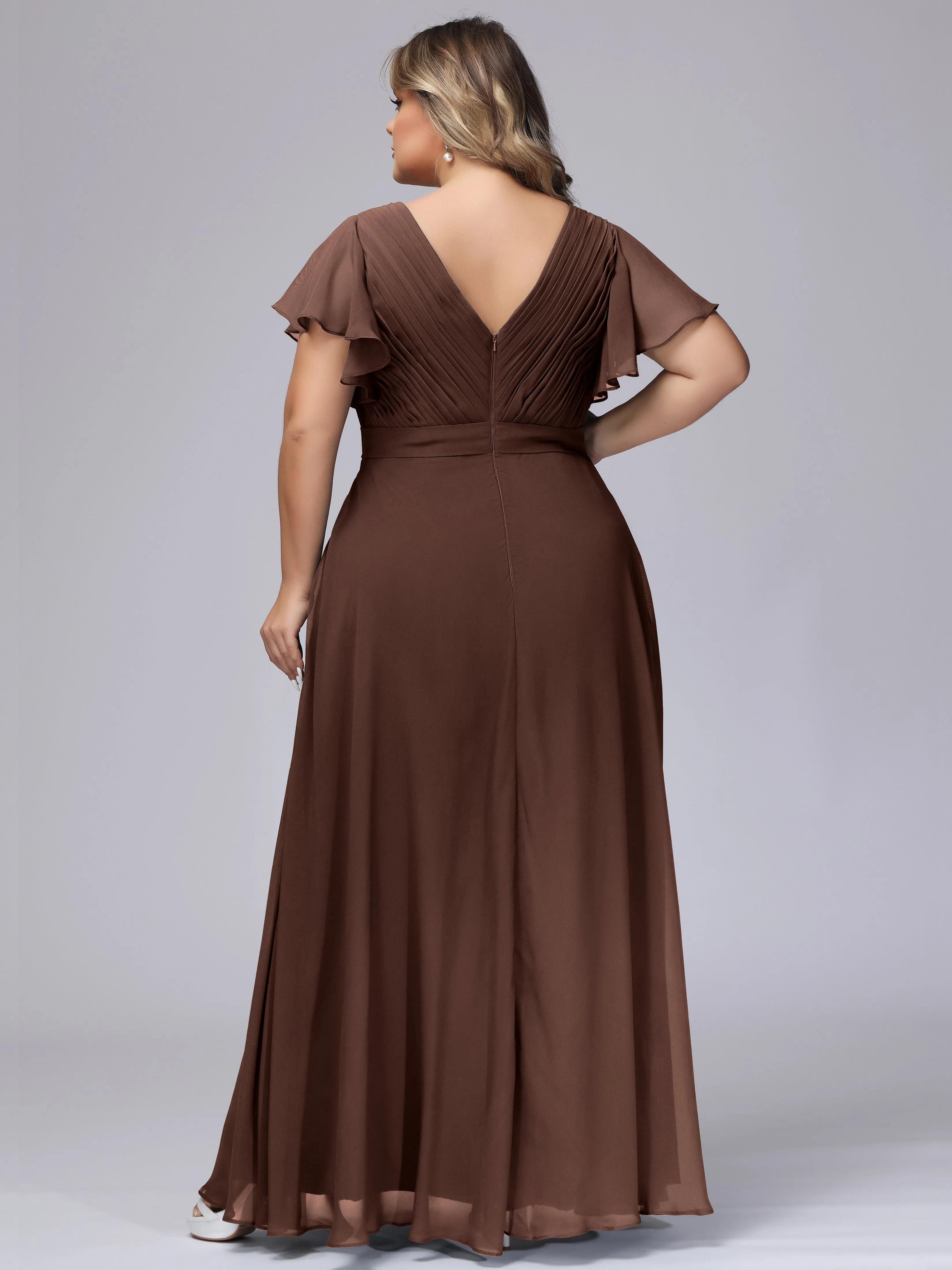 Elegant V-neck Ruffle Sleeves Empire Plus Size Bridesmaid Dress
