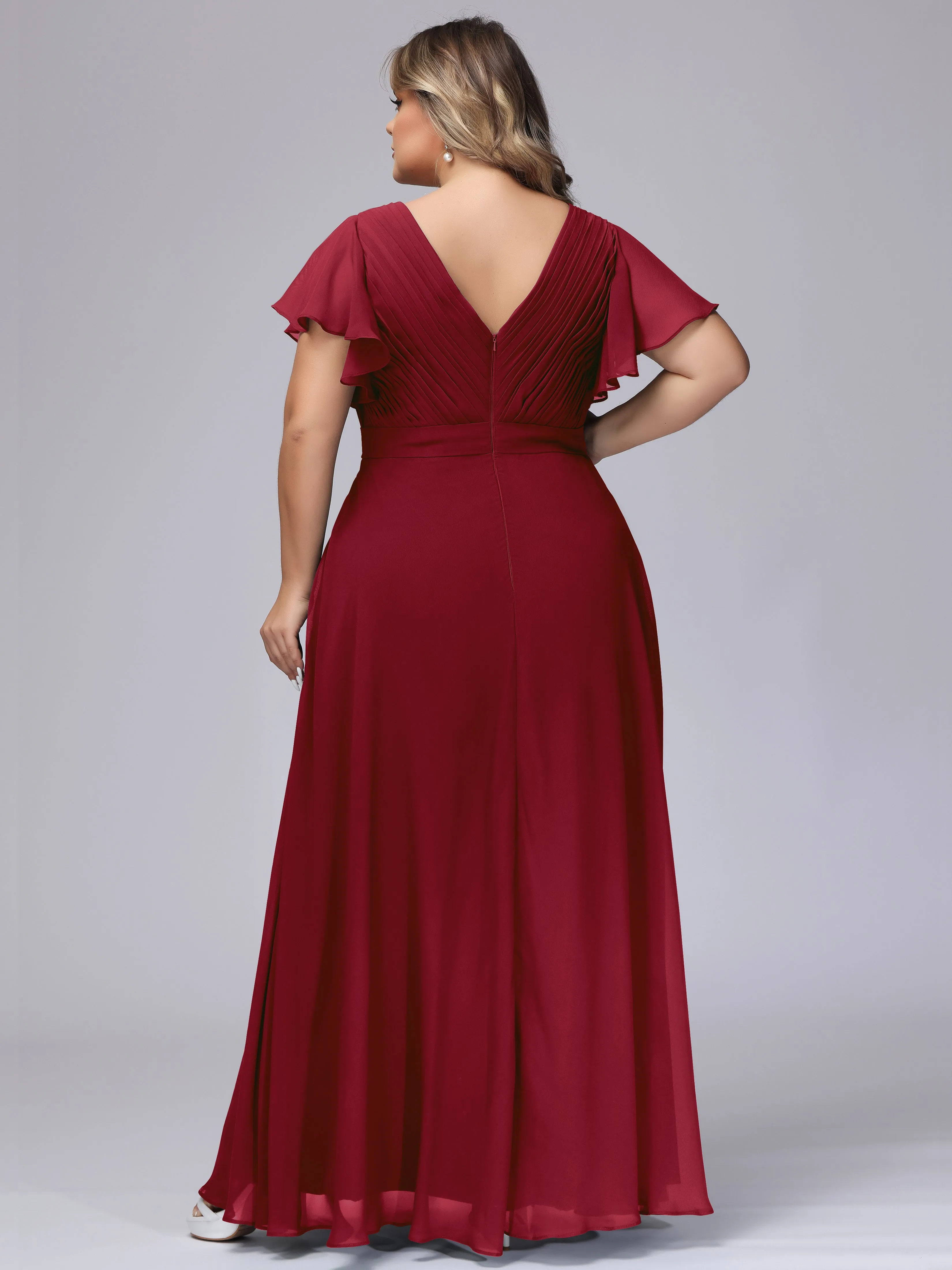 Elegant V-neck Ruffle Sleeves Empire Plus Size Bridesmaid Dress