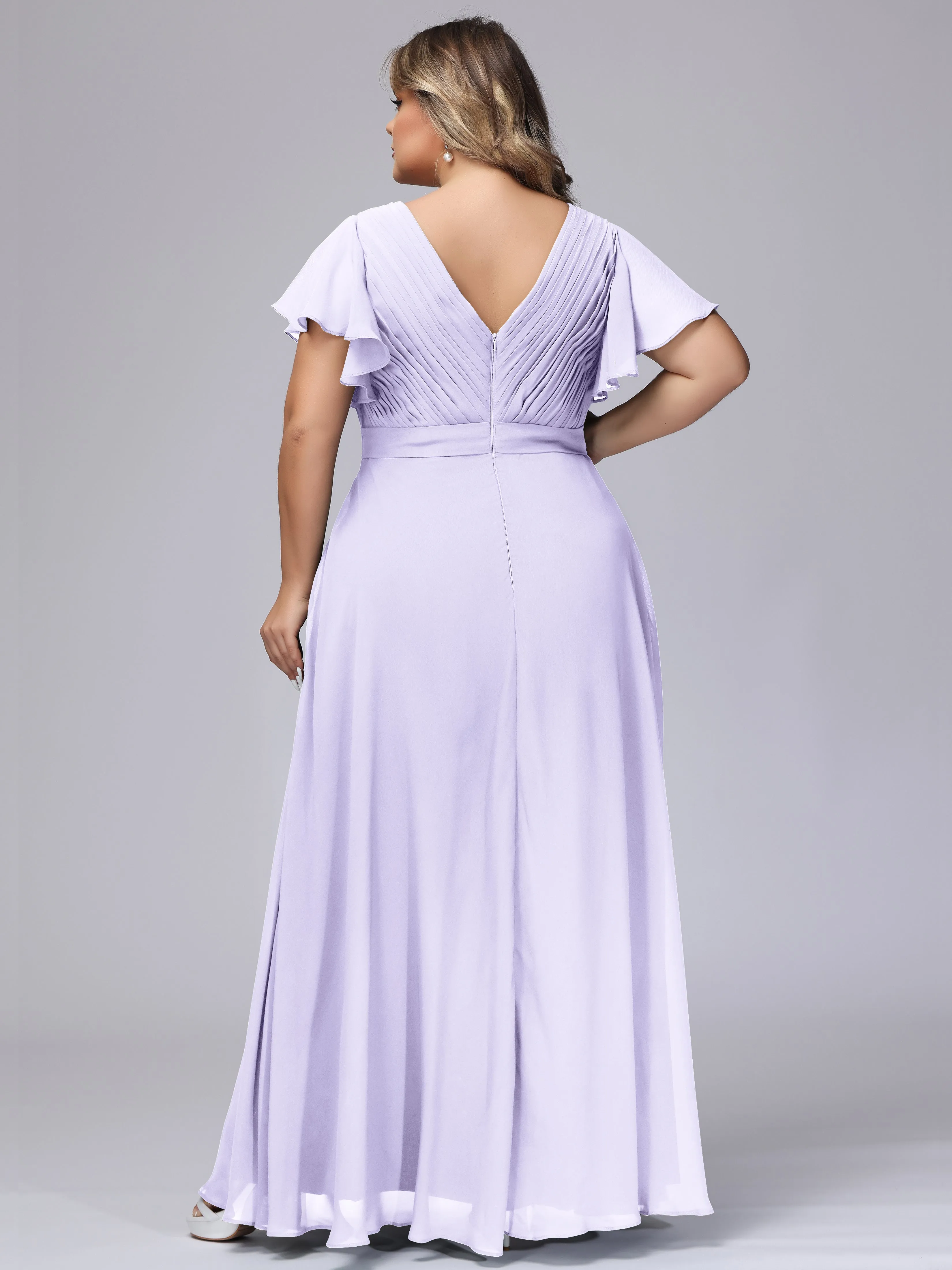 Elegant V-neck Ruffle Sleeves Empire Plus Size Bridesmaid Dress