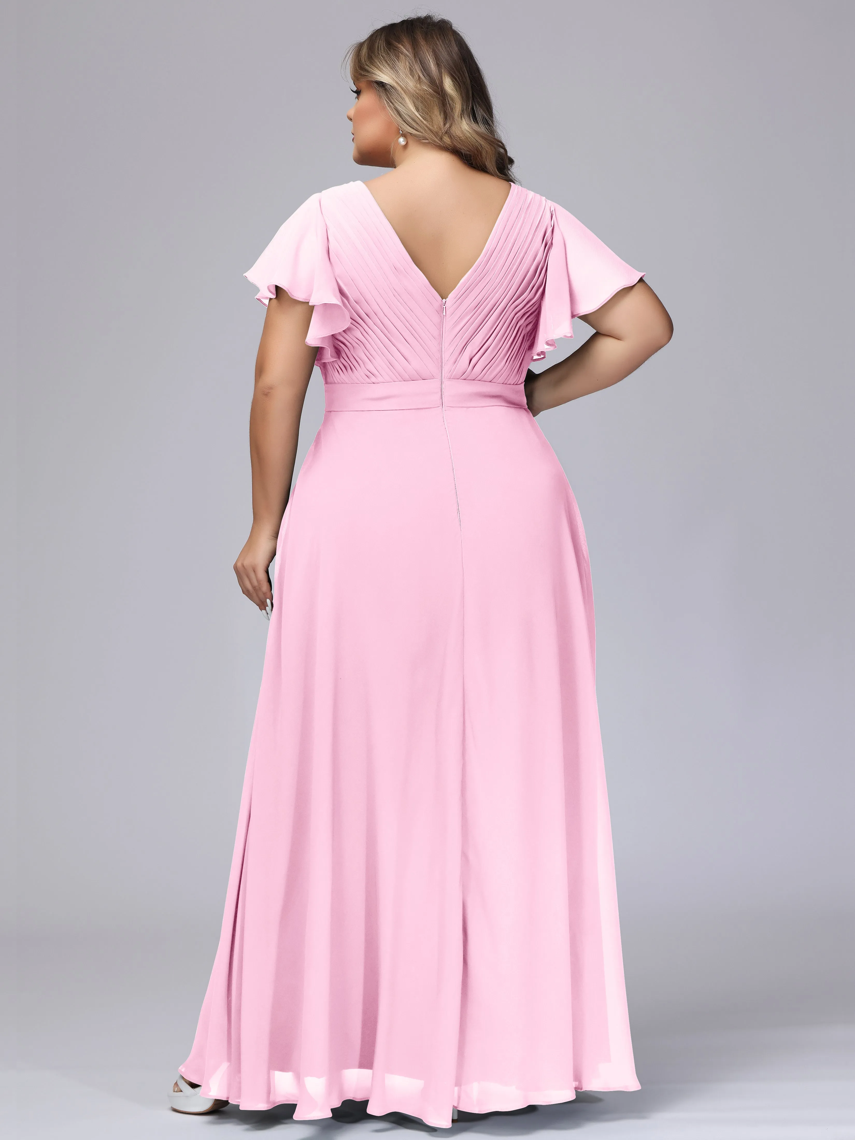 Elegant V-neck Ruffle Sleeves Empire Plus Size Bridesmaid Dress