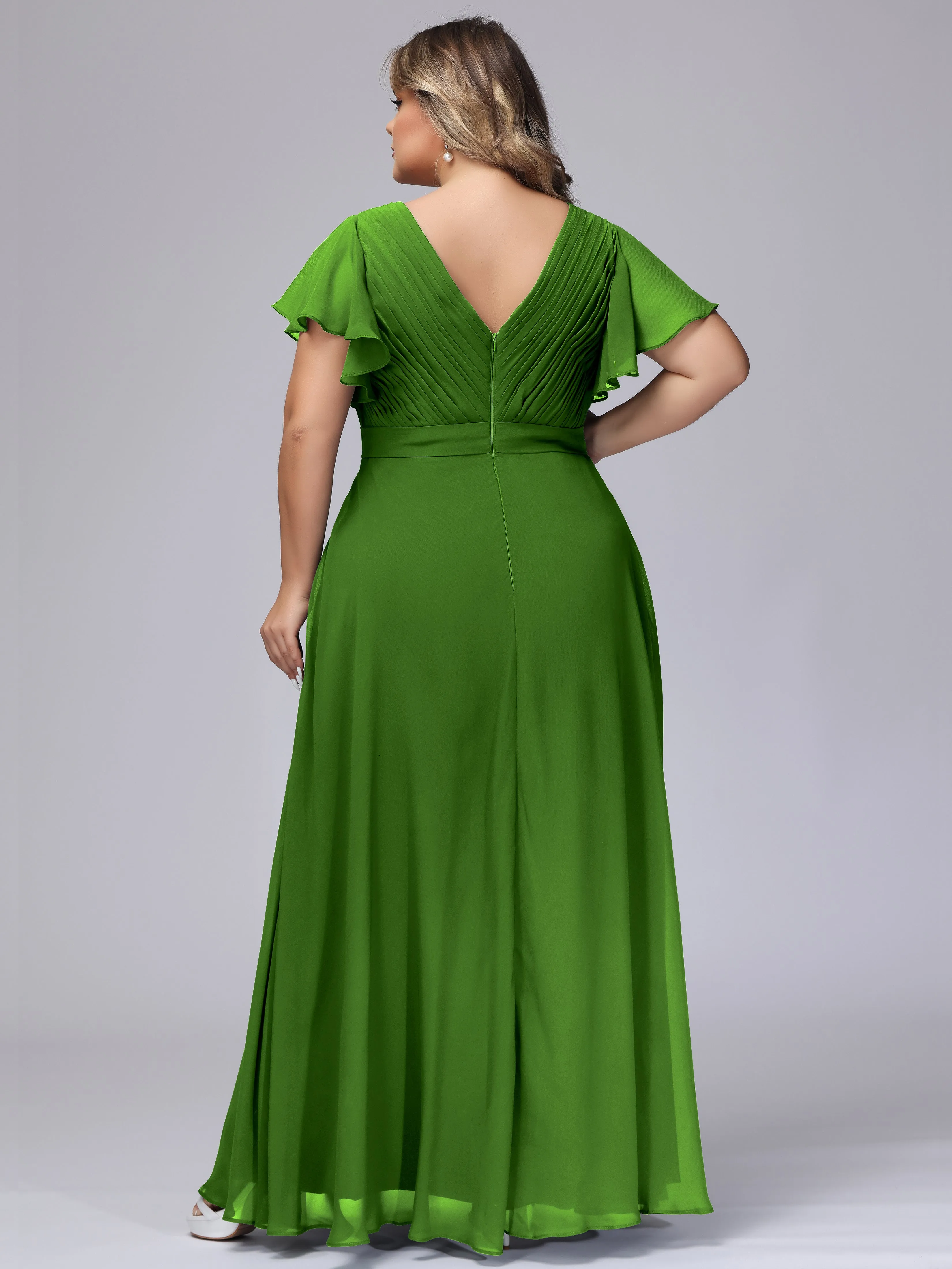Elegant V-neck Ruffle Sleeves Empire Plus Size Bridesmaid Dress