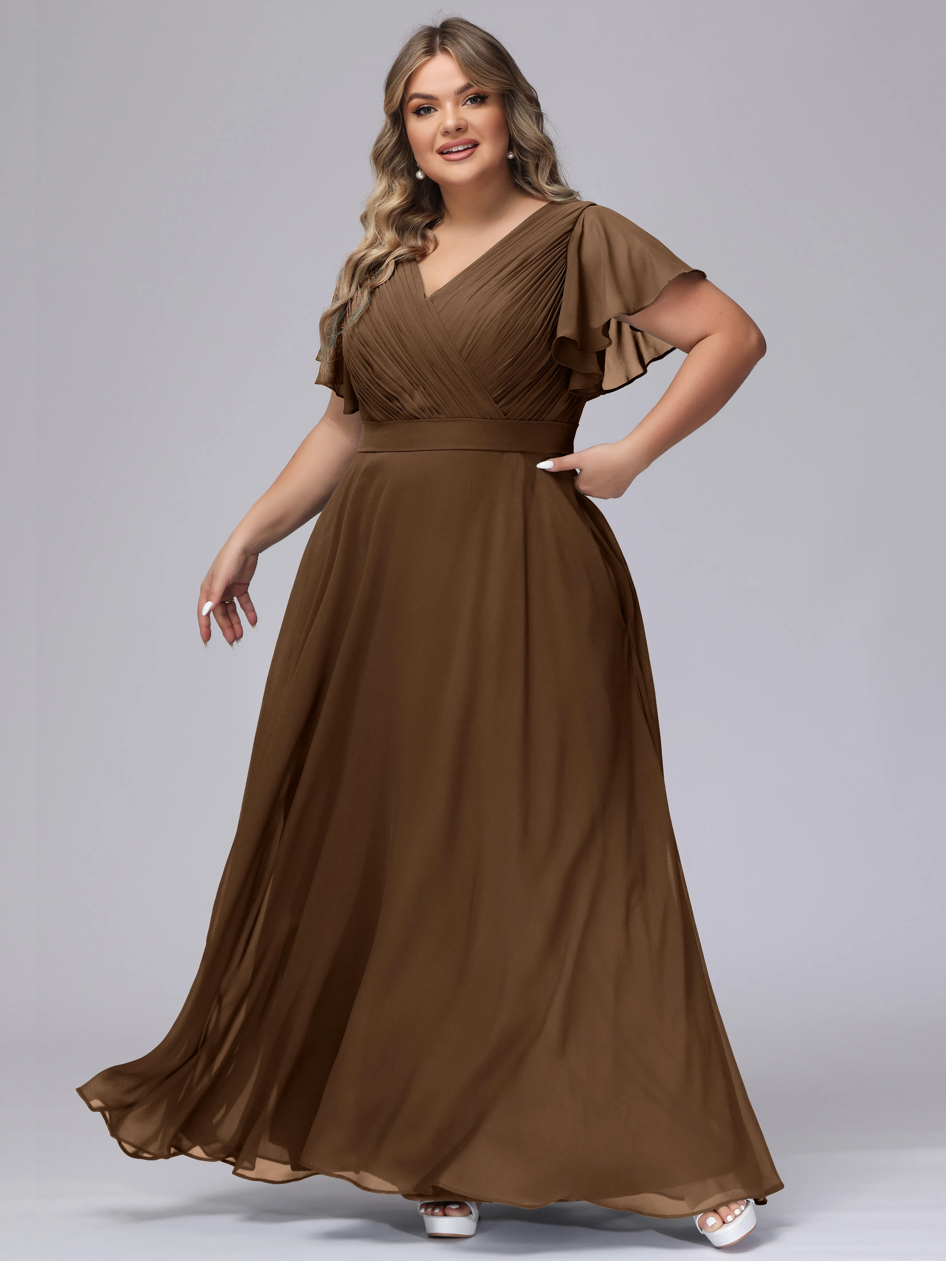 Elegant V-neck Ruffle Sleeves Empire Plus Size Bridesmaid Dress