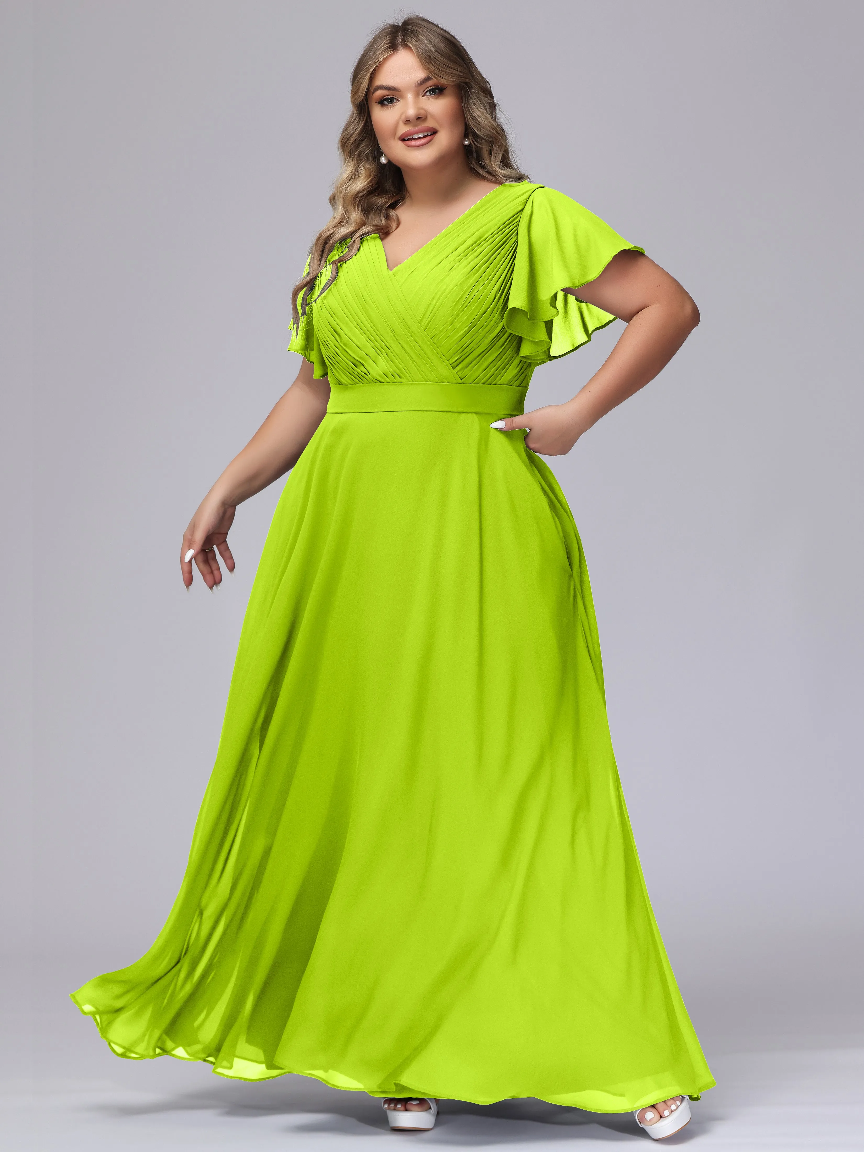 Elegant V-neck Ruffle Sleeves Empire Plus Size Bridesmaid Dress