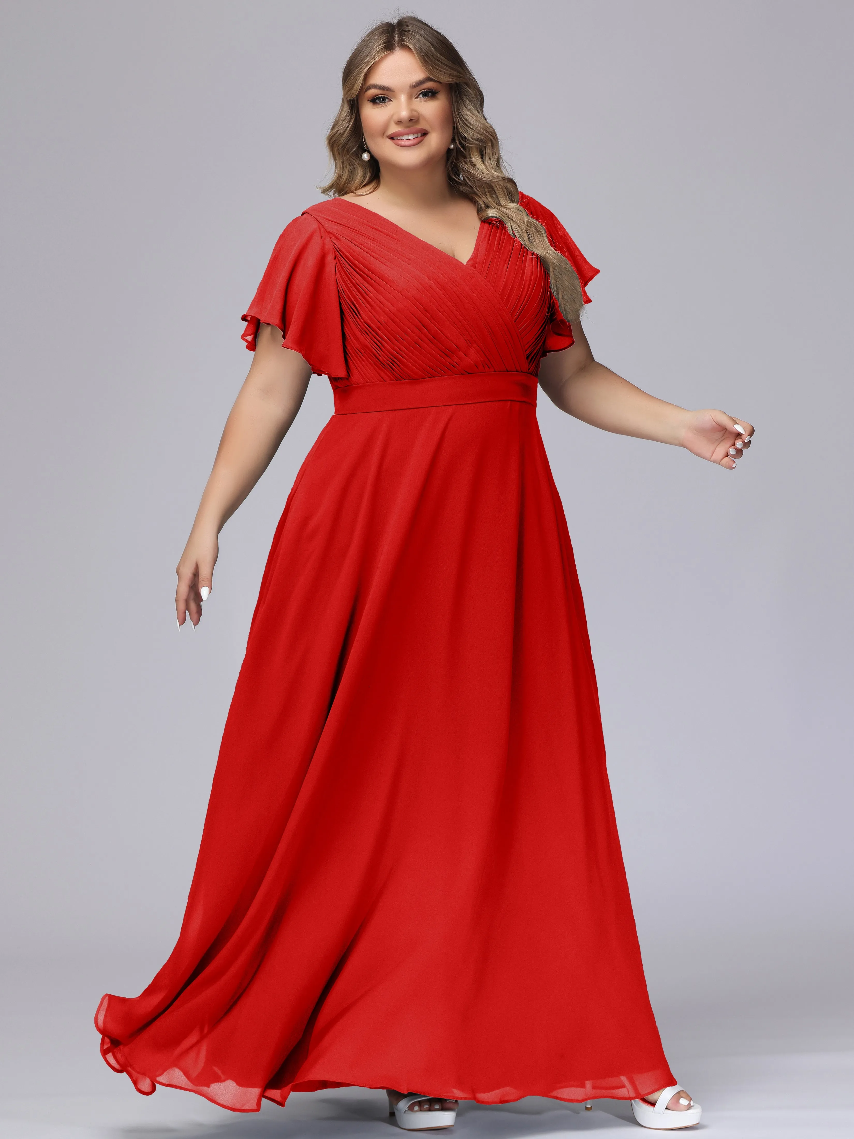 Elegant V-neck Ruffle Sleeves Empire Plus Size Bridesmaid Dress