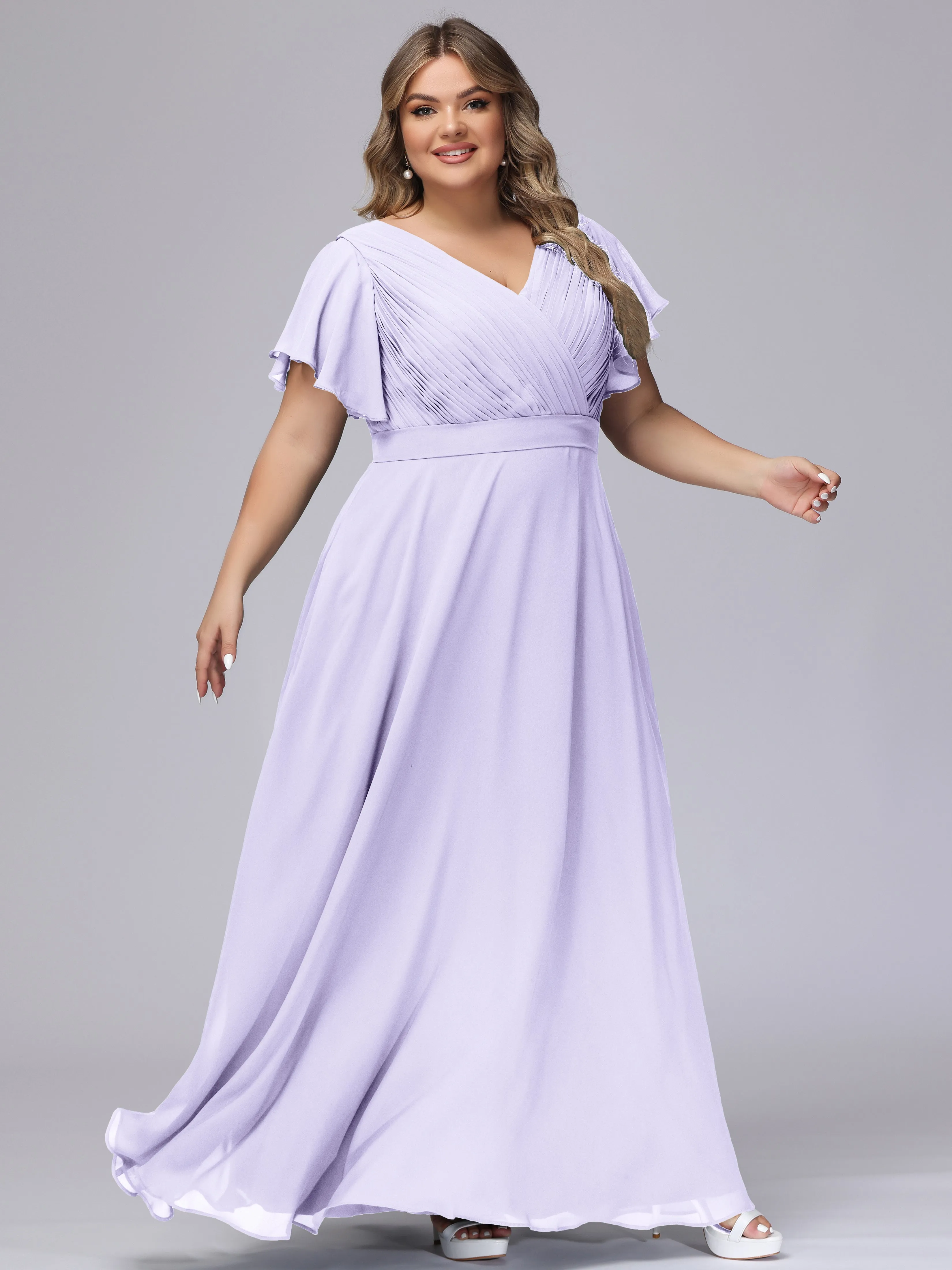 Elegant V-neck Ruffle Sleeves Empire Plus Size Bridesmaid Dress