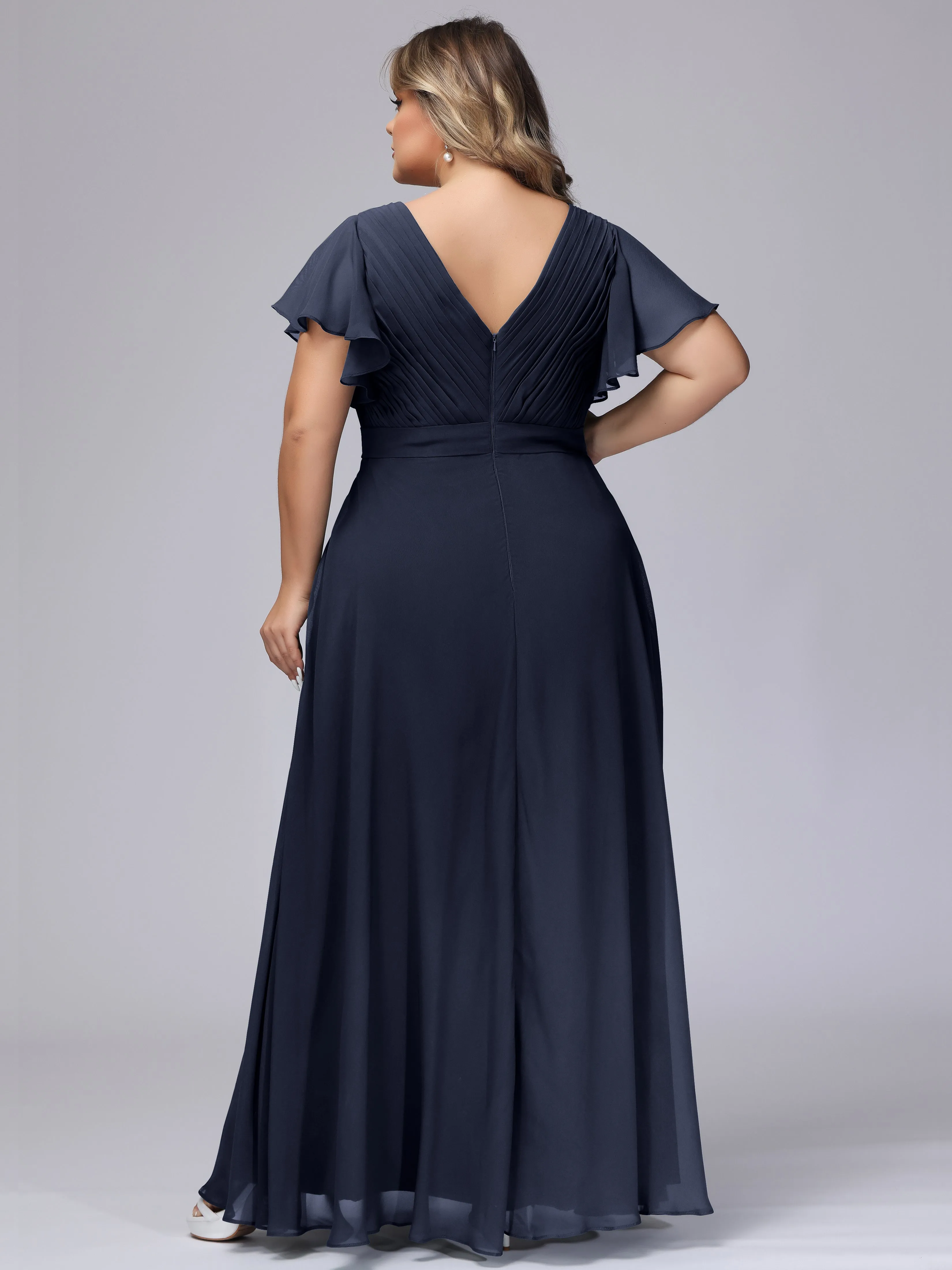 Elegant V-neck Ruffle Sleeves Empire Plus Size Bridesmaid Dress