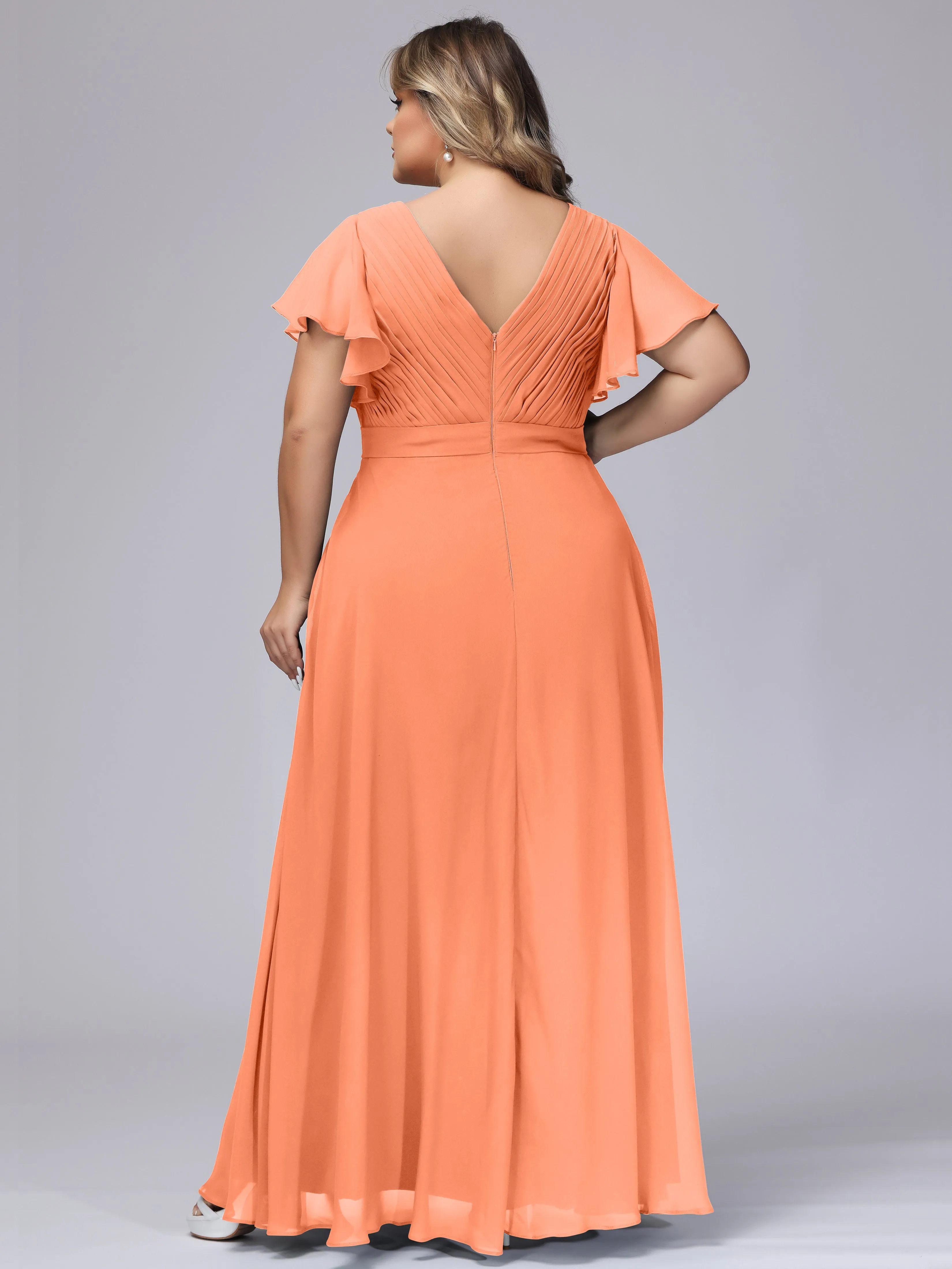 Elegant V-neck Ruffle Sleeves Empire Plus Size Bridesmaid Dress