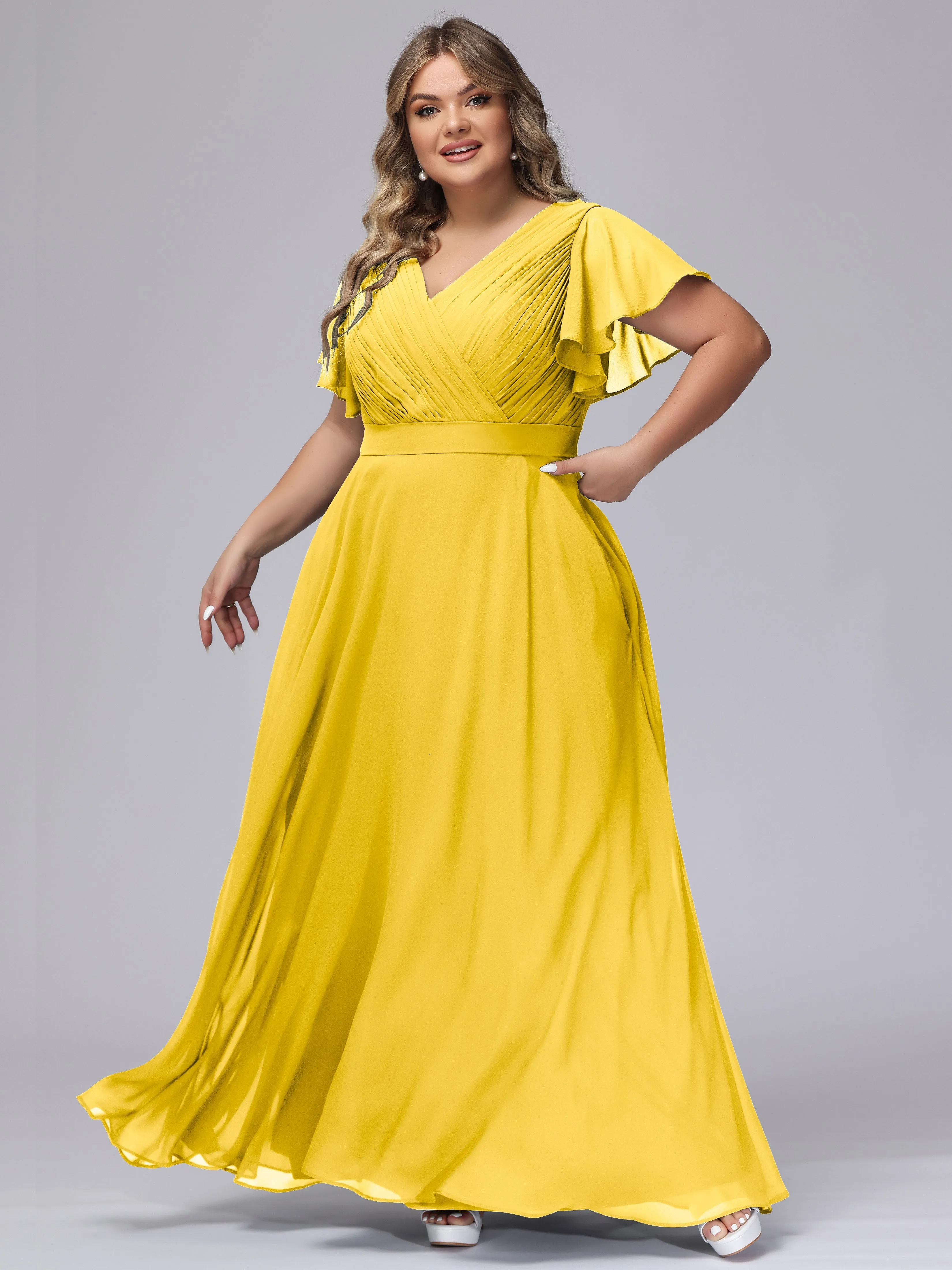Elegant V-neck Ruffle Sleeves Empire Plus Size Bridesmaid Dress