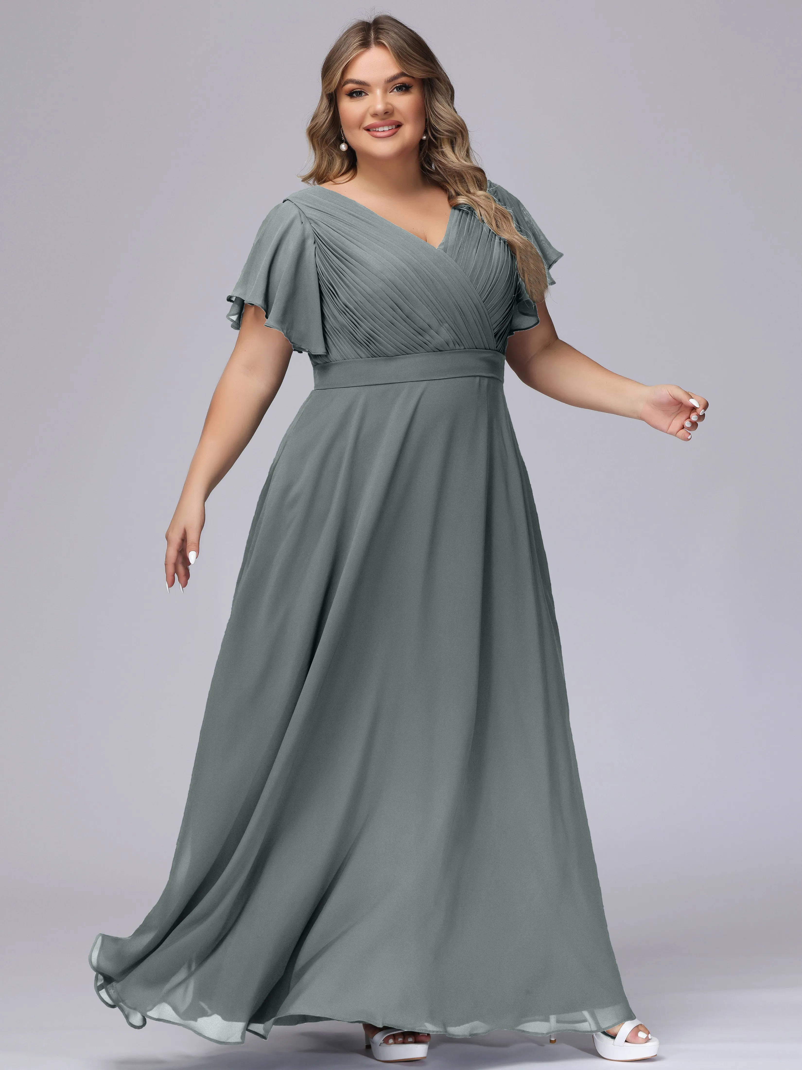 Elegant V-neck Ruffle Sleeves Empire Plus Size Bridesmaid Dress