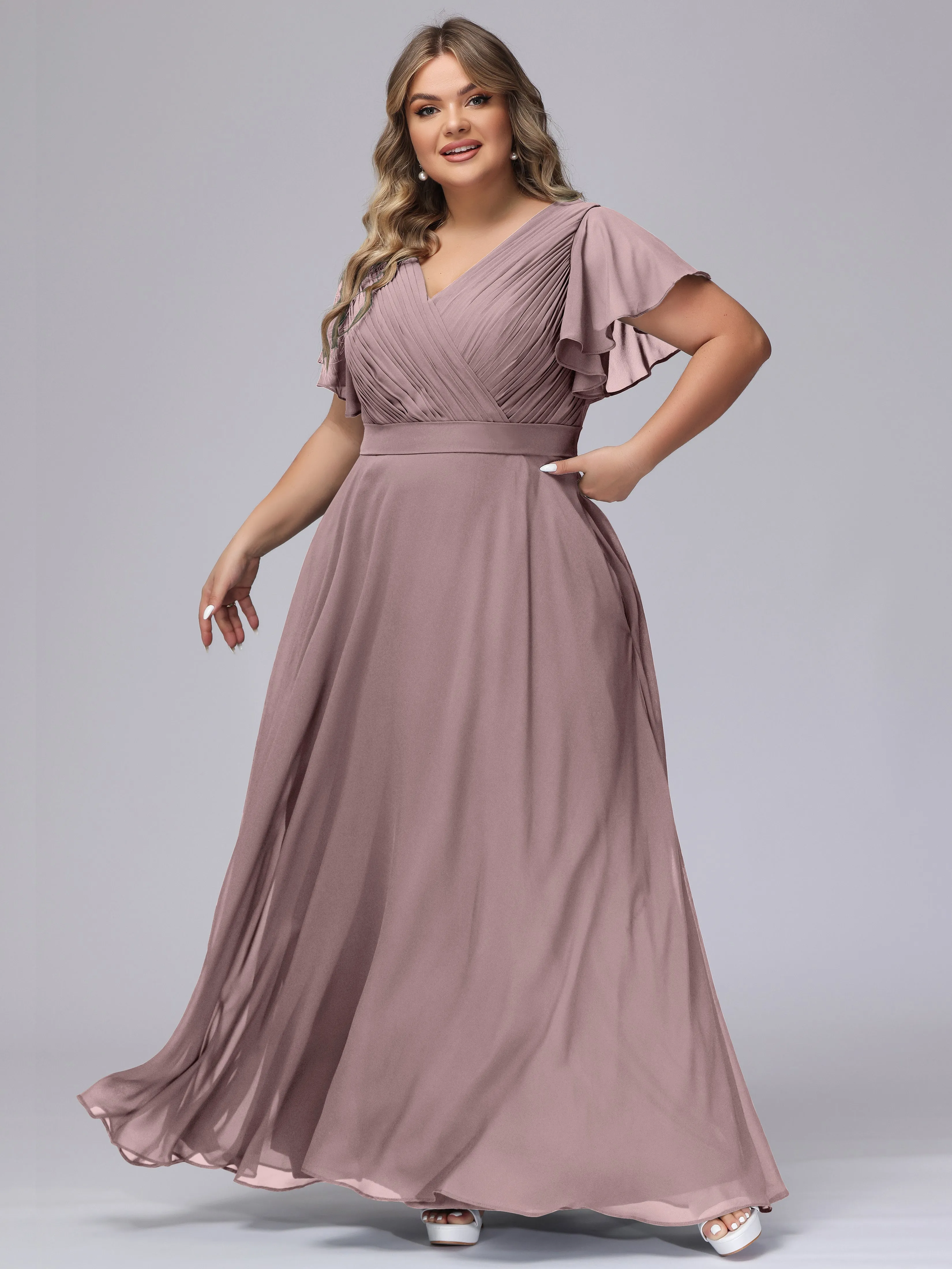 Elegant V-neck Ruffle Sleeves Empire Plus Size Bridesmaid Dress