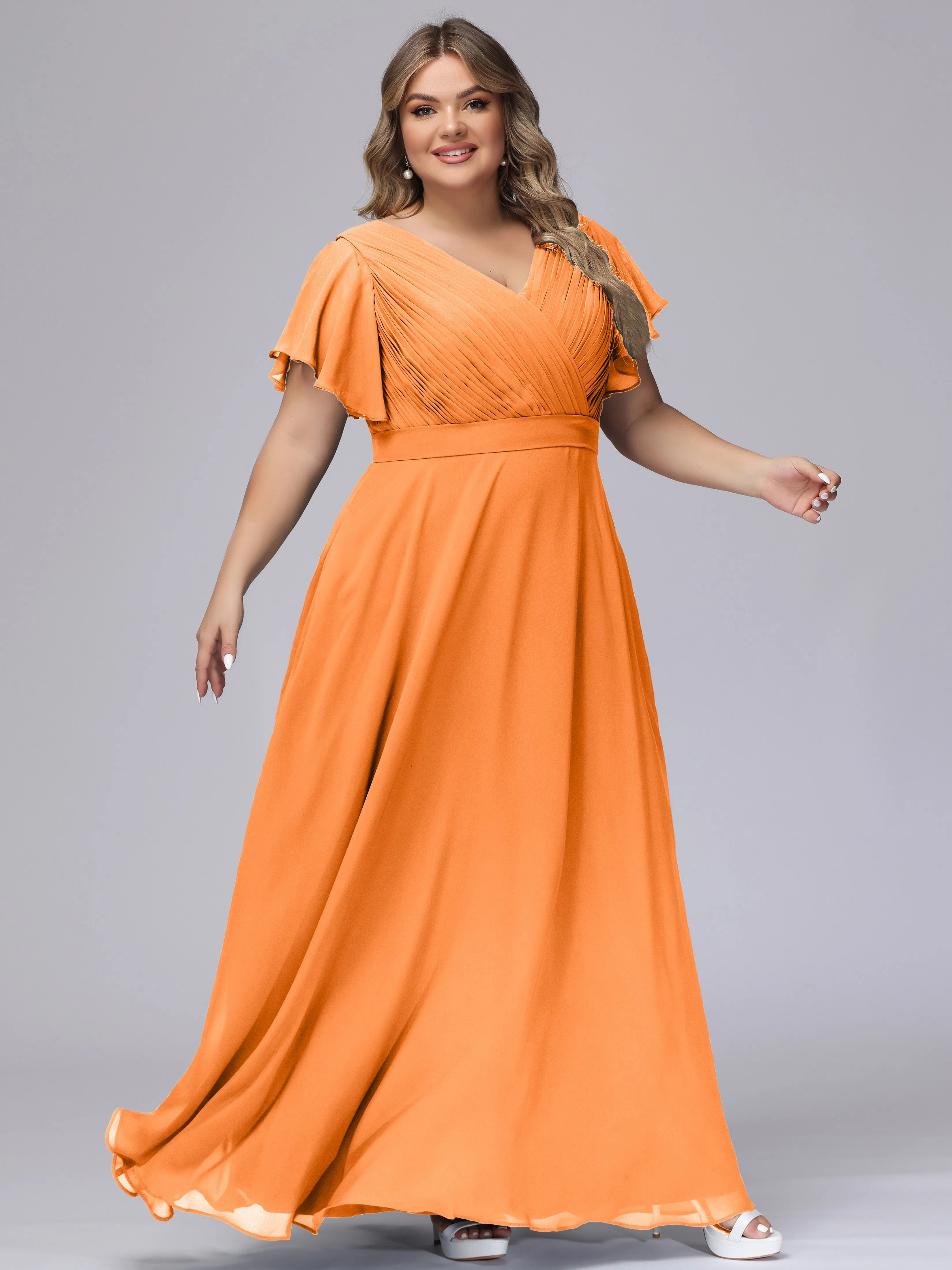 Elegant V-neck Ruffle Sleeves Empire Plus Size Bridesmaid Dress