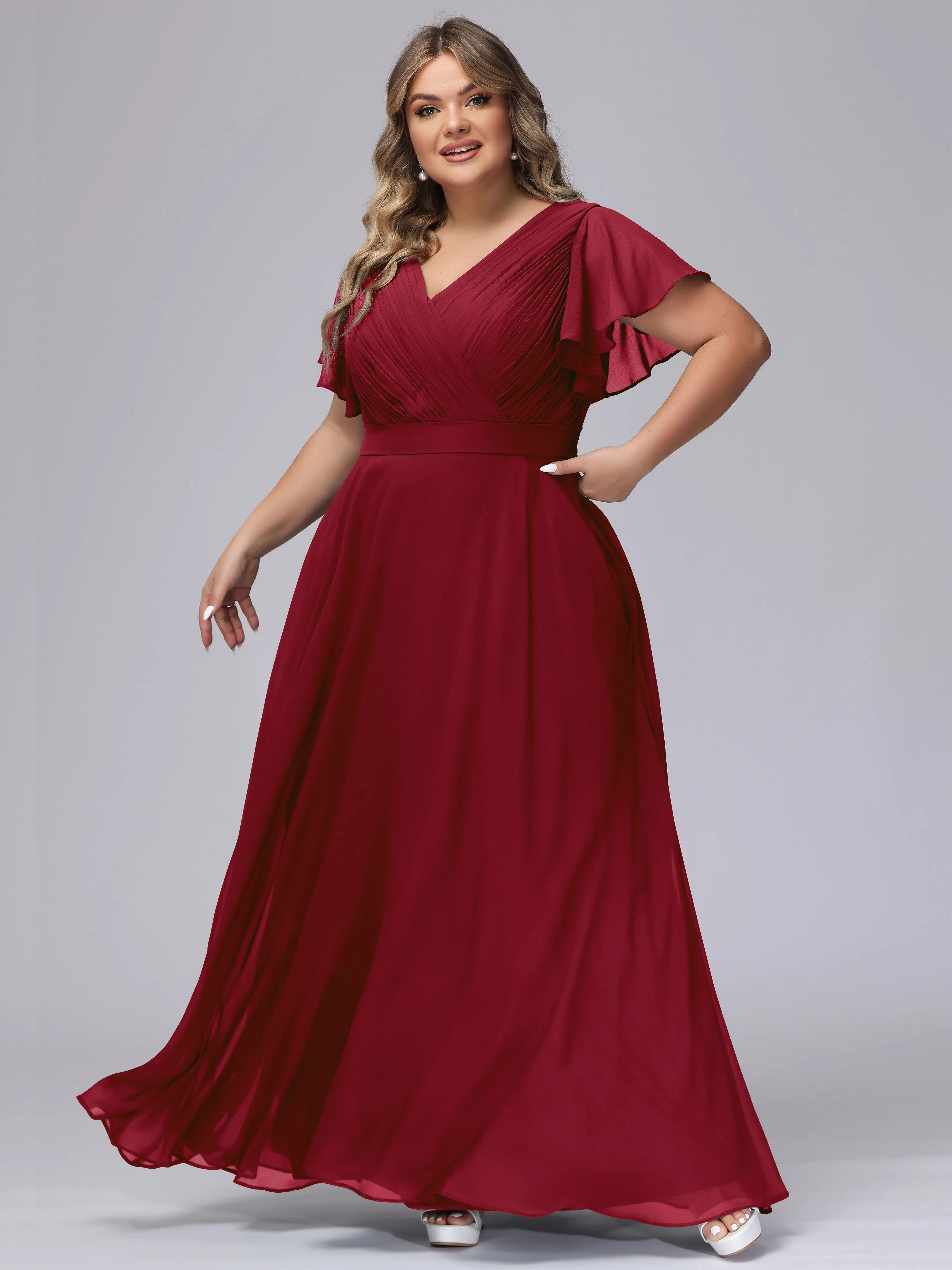 Elegant V-neck Ruffle Sleeves Empire Plus Size Bridesmaid Dress