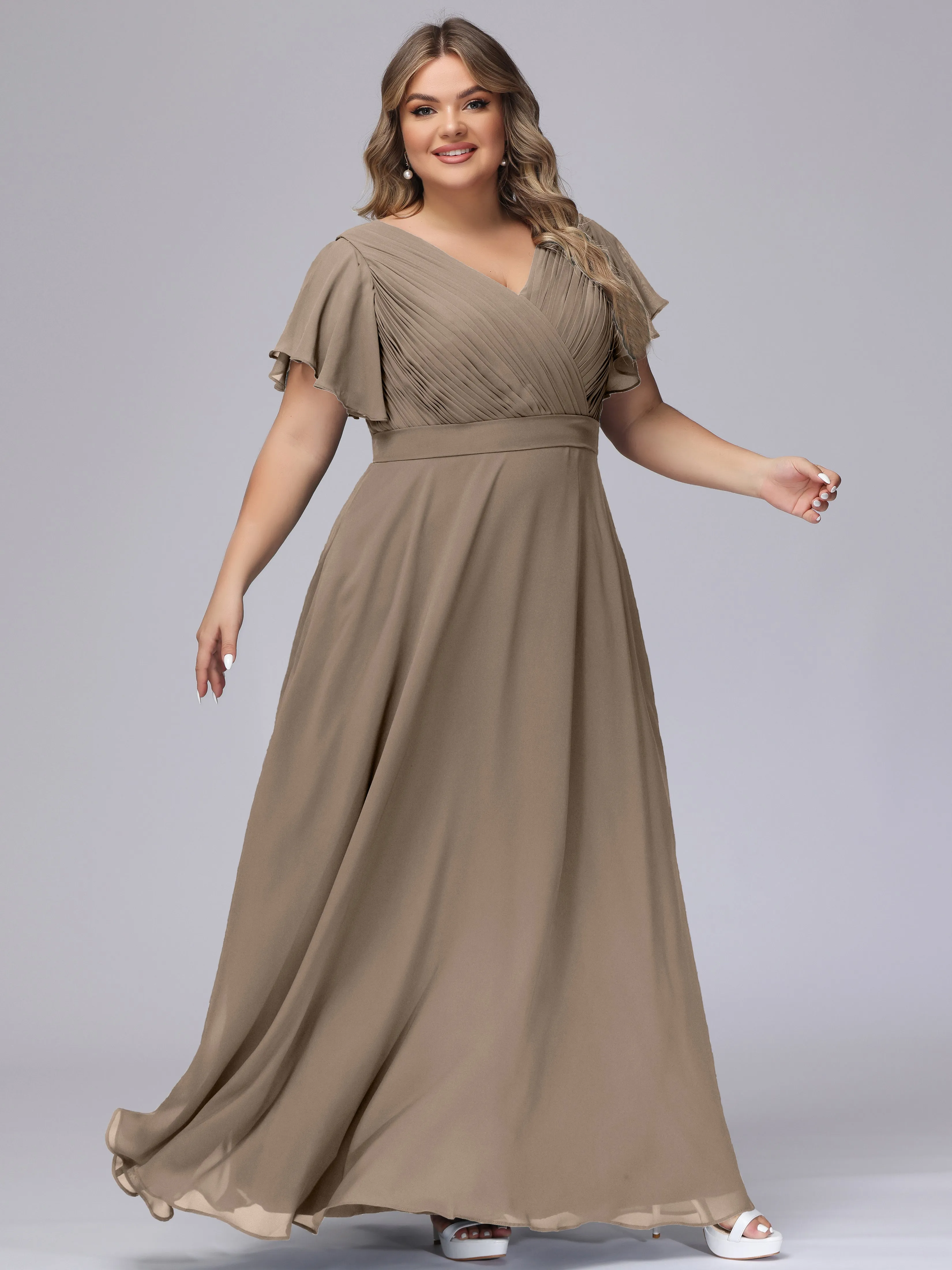Elegant V-neck Ruffle Sleeves Empire Plus Size Bridesmaid Dress