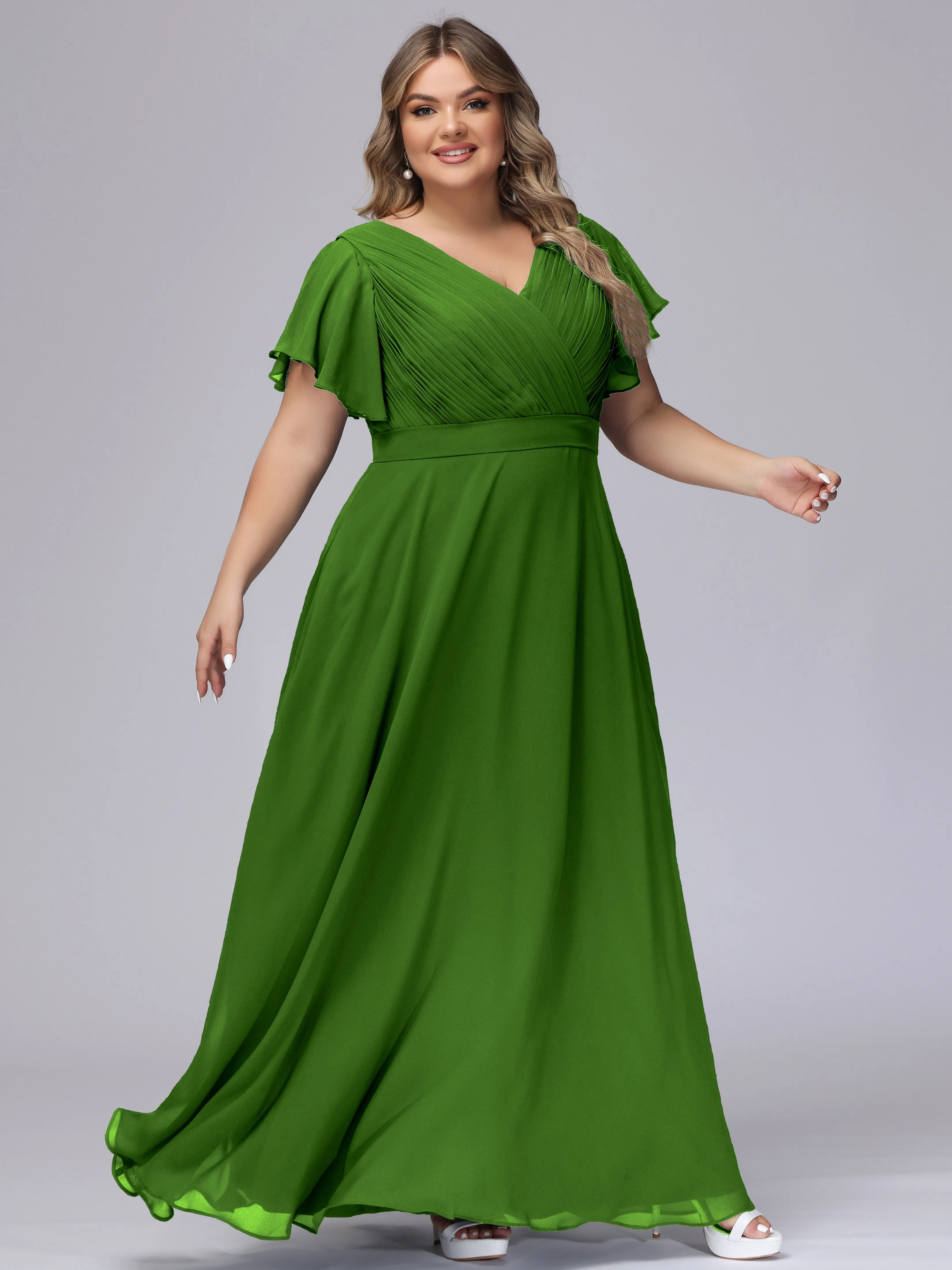 Elegant V-neck Ruffle Sleeves Empire Plus Size Bridesmaid Dress
