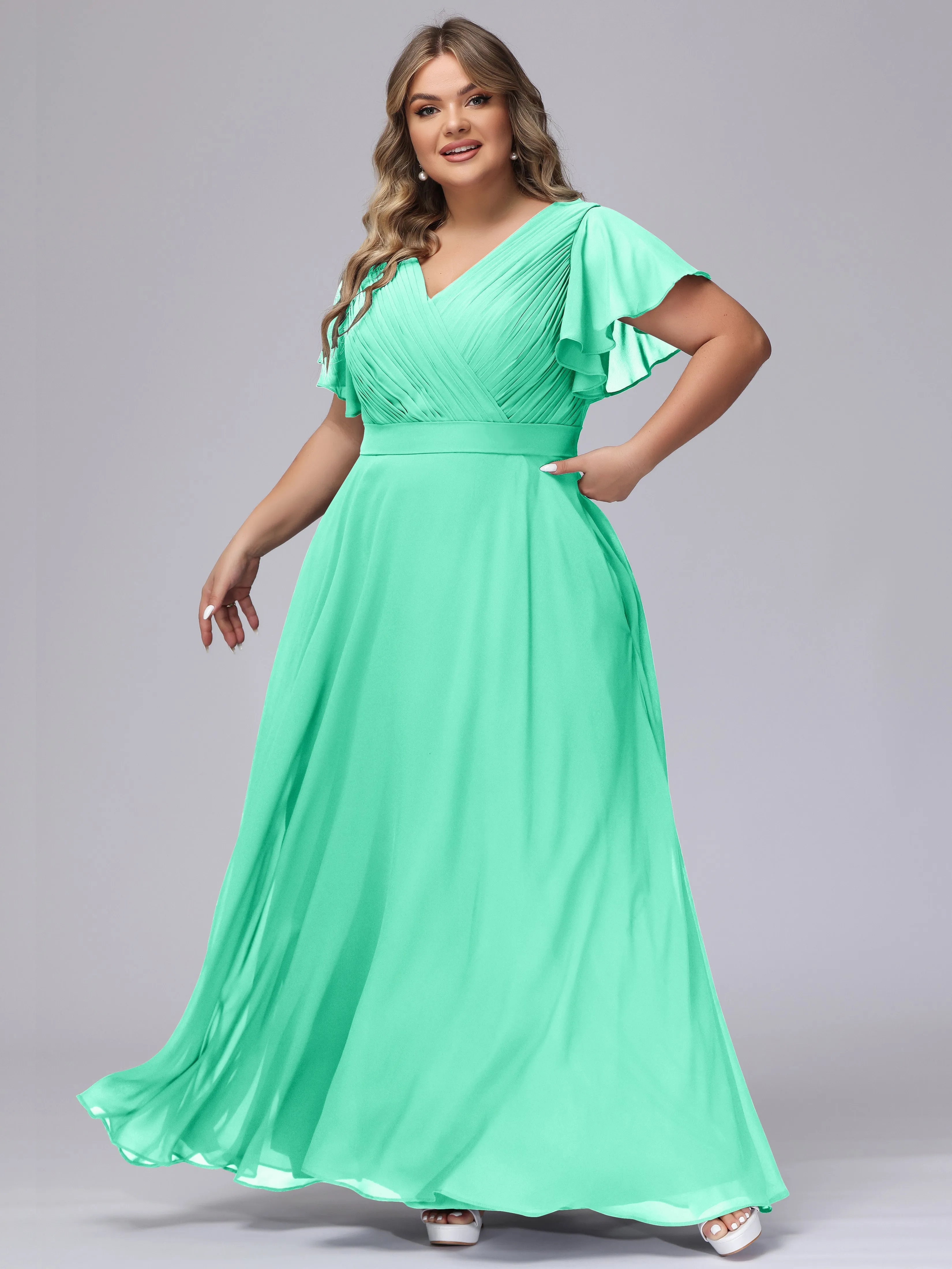 Elegant V-neck Ruffle Sleeves Empire Plus Size Bridesmaid Dress