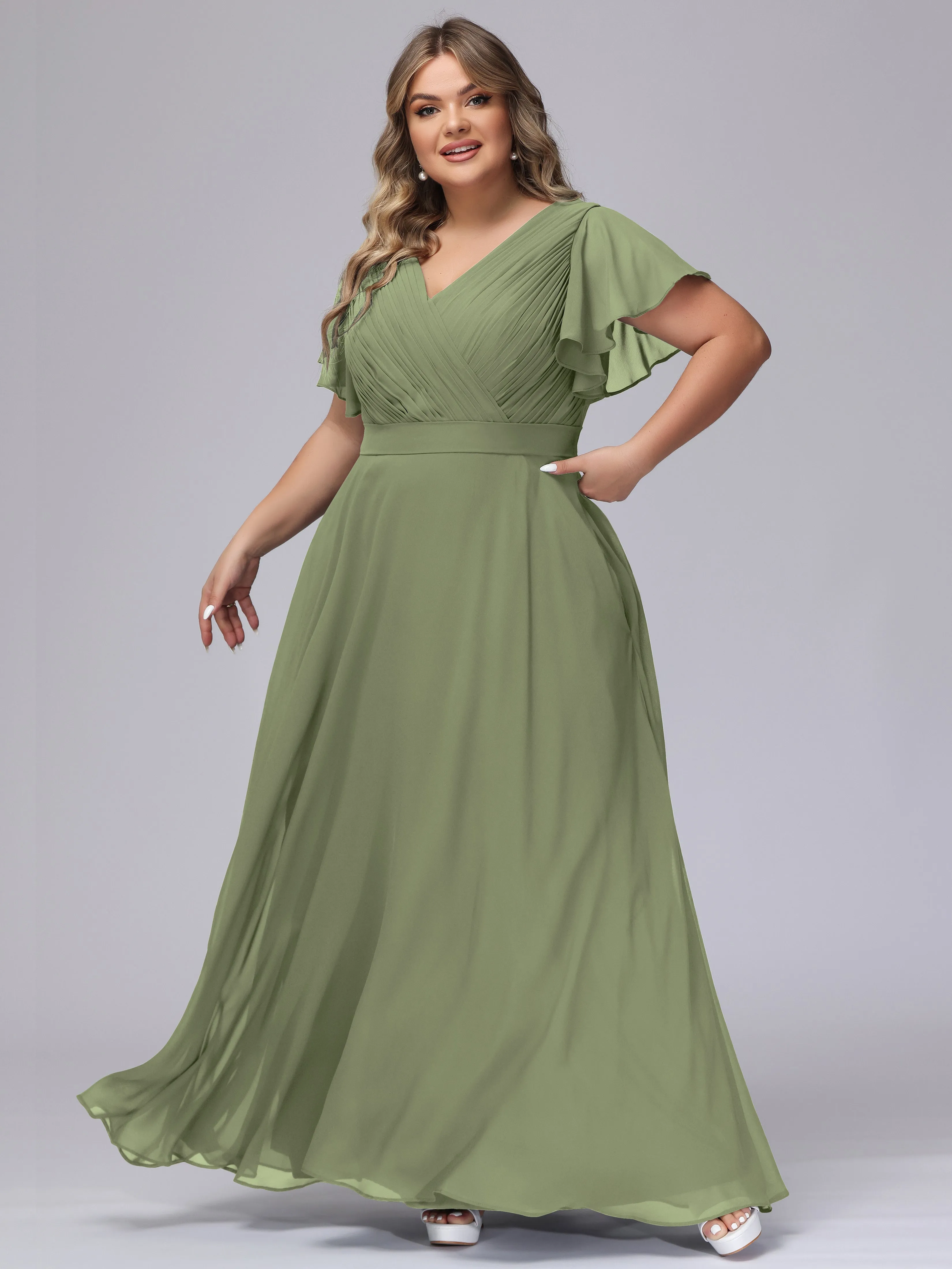 Elegant V-neck Ruffle Sleeves Empire Plus Size Bridesmaid Dress