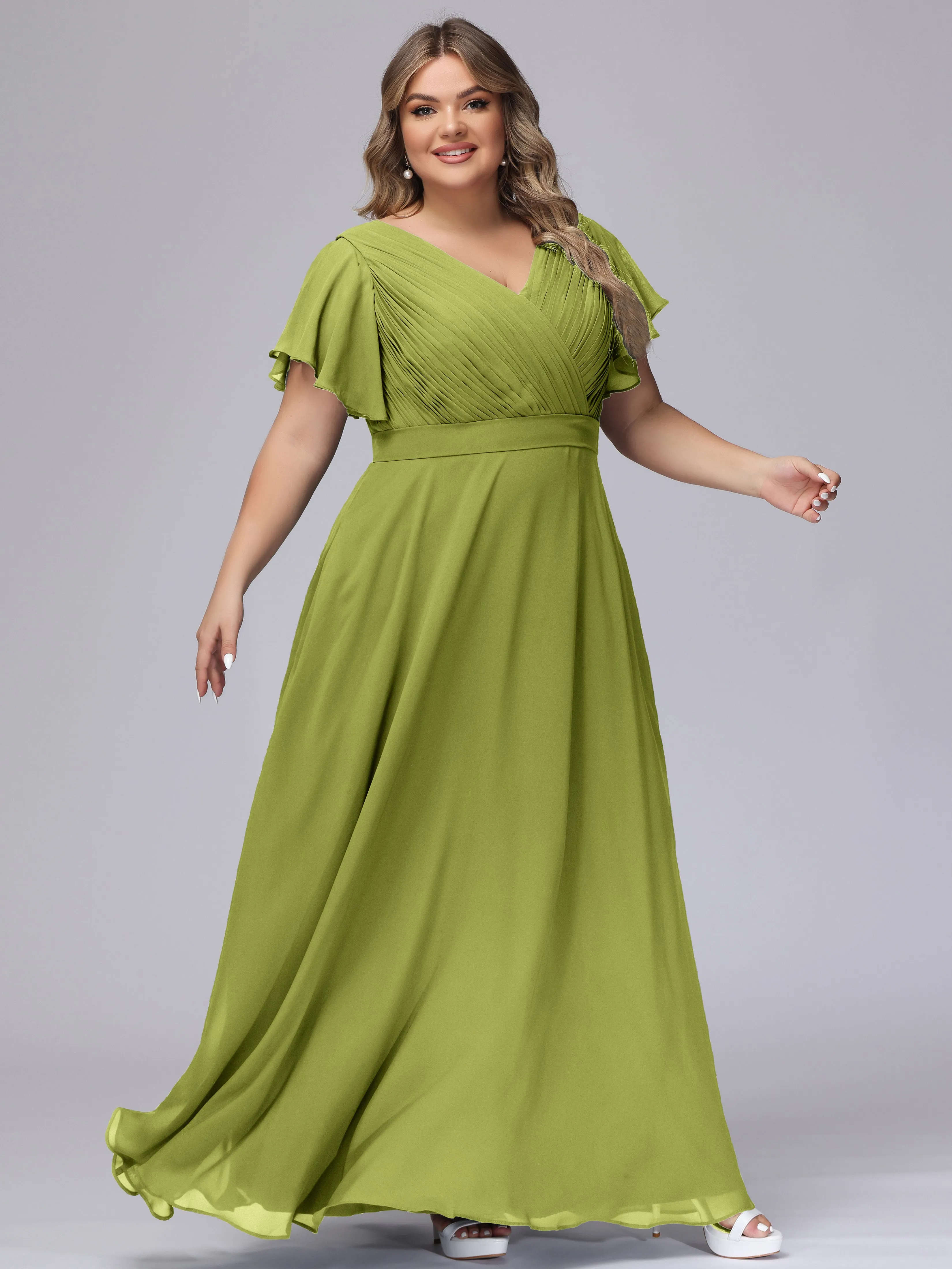 Elegant V-neck Ruffle Sleeves Empire Plus Size Bridesmaid Dress
