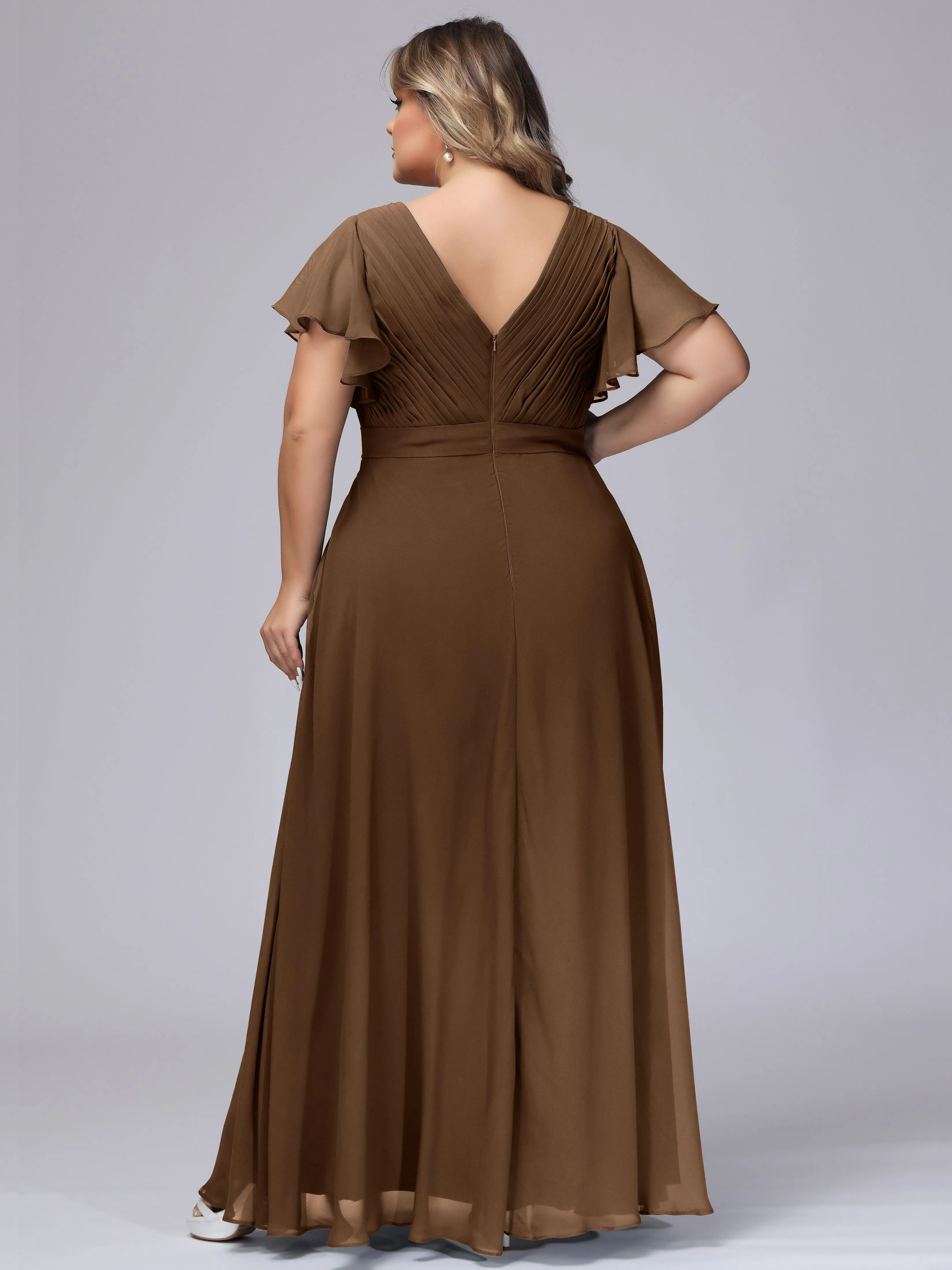 Elegant V-neck Ruffle Sleeves Empire Plus Size Bridesmaid Dress